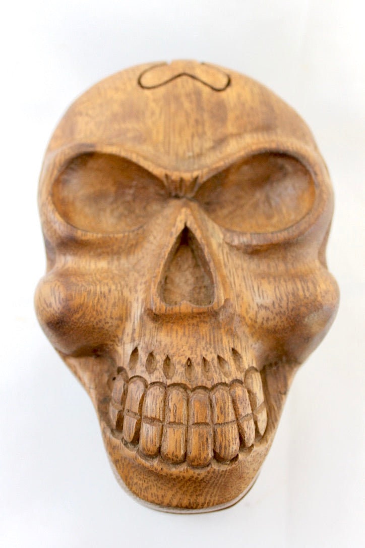 Skull Skeleton Secret Puzzle Trinket Box stash box jewelry gift box Hand Carved Wood handmade GOTHIC Bali art - Acadia World Traders