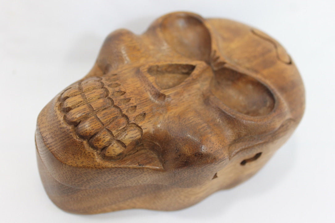Skull Skeleton Secret Puzzle Trinket Box stash box jewelry gift box Hand Carved Wood handmade GOTHIC Bali art - Acadia World Traders