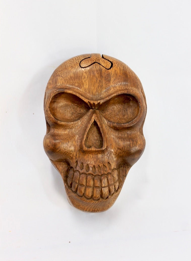 Skull Skeleton Secret Puzzle Trinket Box stash box jewelry gift box Hand Carved Wood handmade GOTHIC Bali art - Acadia World Traders