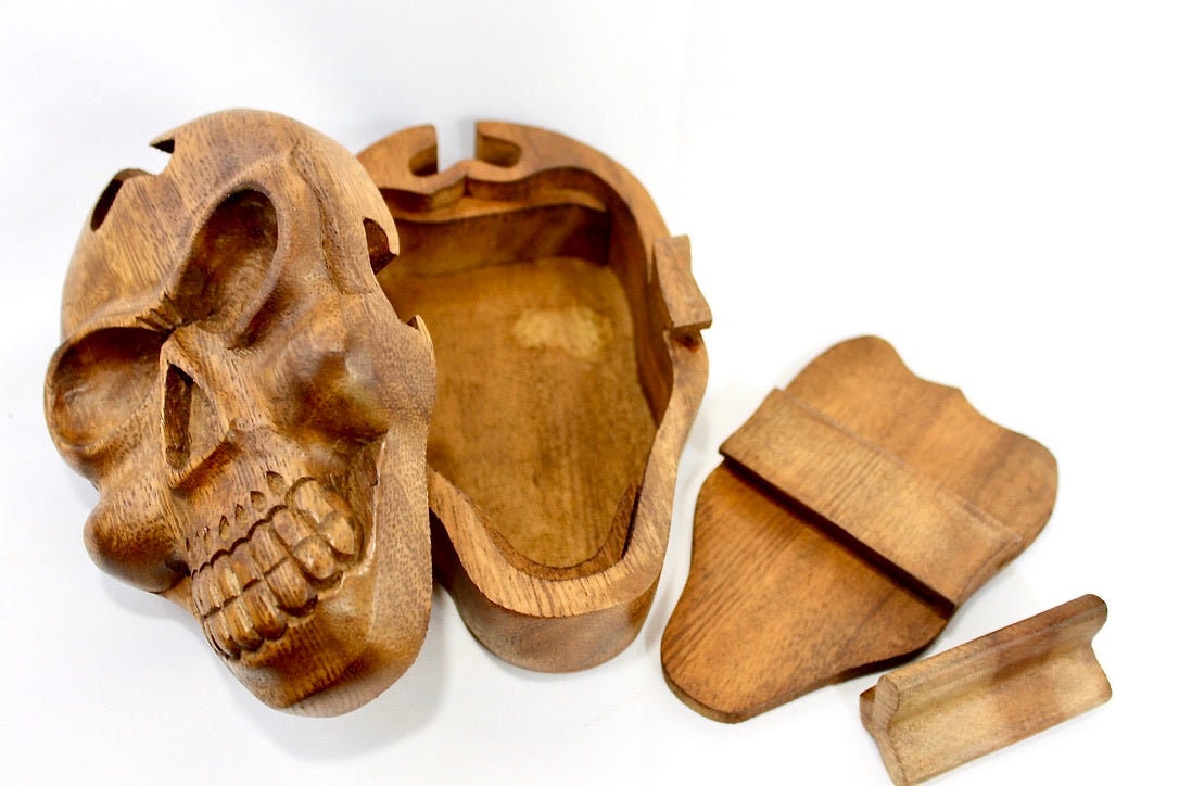 Skull Skeleton Secret Puzzle Trinket Box stash box jewelry gift box Hand Carved Wood handmade GOTHIC Bali art - Acadia World Traders
