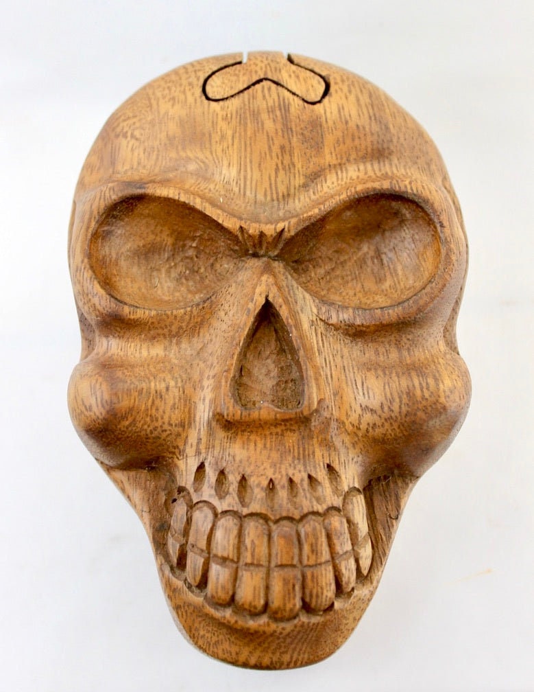 Skull Skeleton Secret Puzzle Trinket Box stash box jewelry gift box Hand Carved Wood handmade GOTHIC Bali art - Acadia World Traders