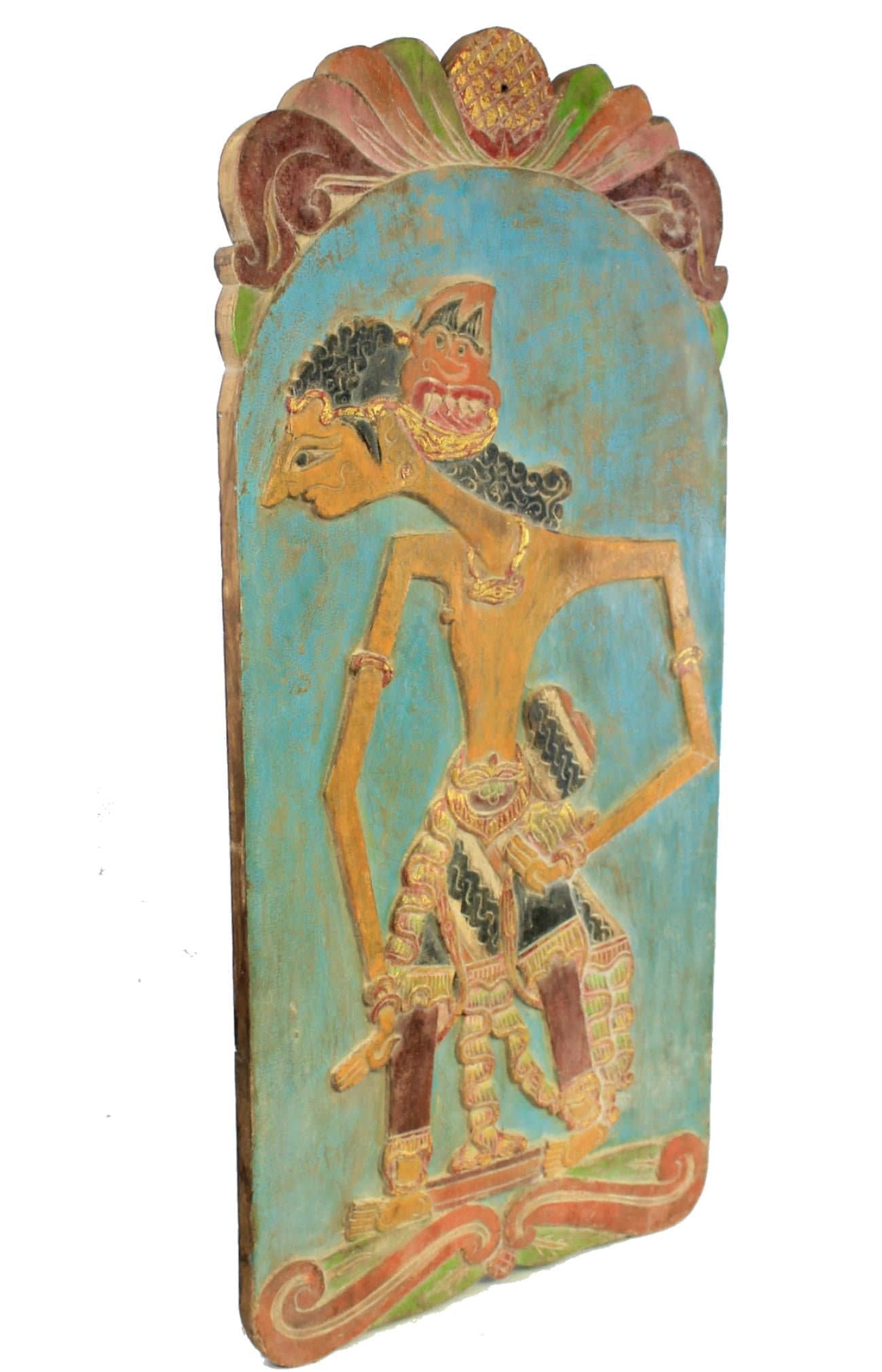 Vintage Wayang Shadow Puppet Wall art Panel Carved Polychrome Wood Indonesia - Acadia World Traders