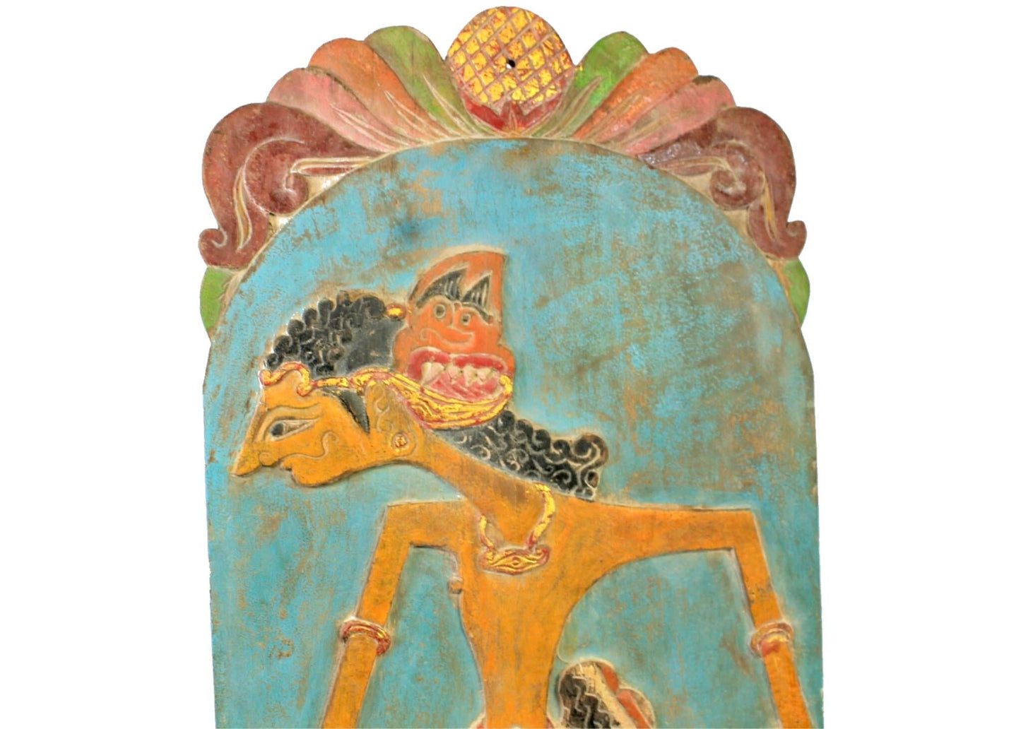 Vintage Wayang Shadow Puppet Wall art Panel Carved Polychrome Wood Indonesia - Acadia World Traders