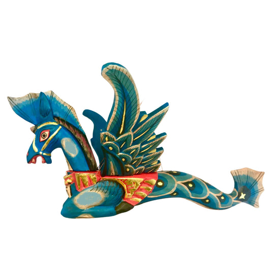 Bali Winged Seahorse Mobile Sea Horse Merhorse Spirit chaser Crib Guardian Balinese Folk art Hand Carved Wood Carving Teal Indonesian - Acadia World Traders