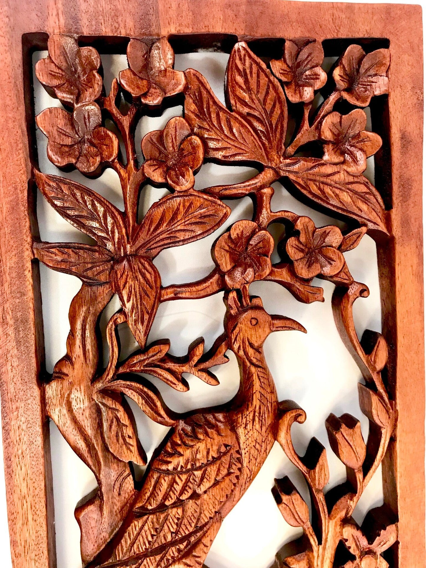 Balinese Peacock Panel Wall Art Plaque Hand Carved Wood Asian Decor - Acadia World Traders
