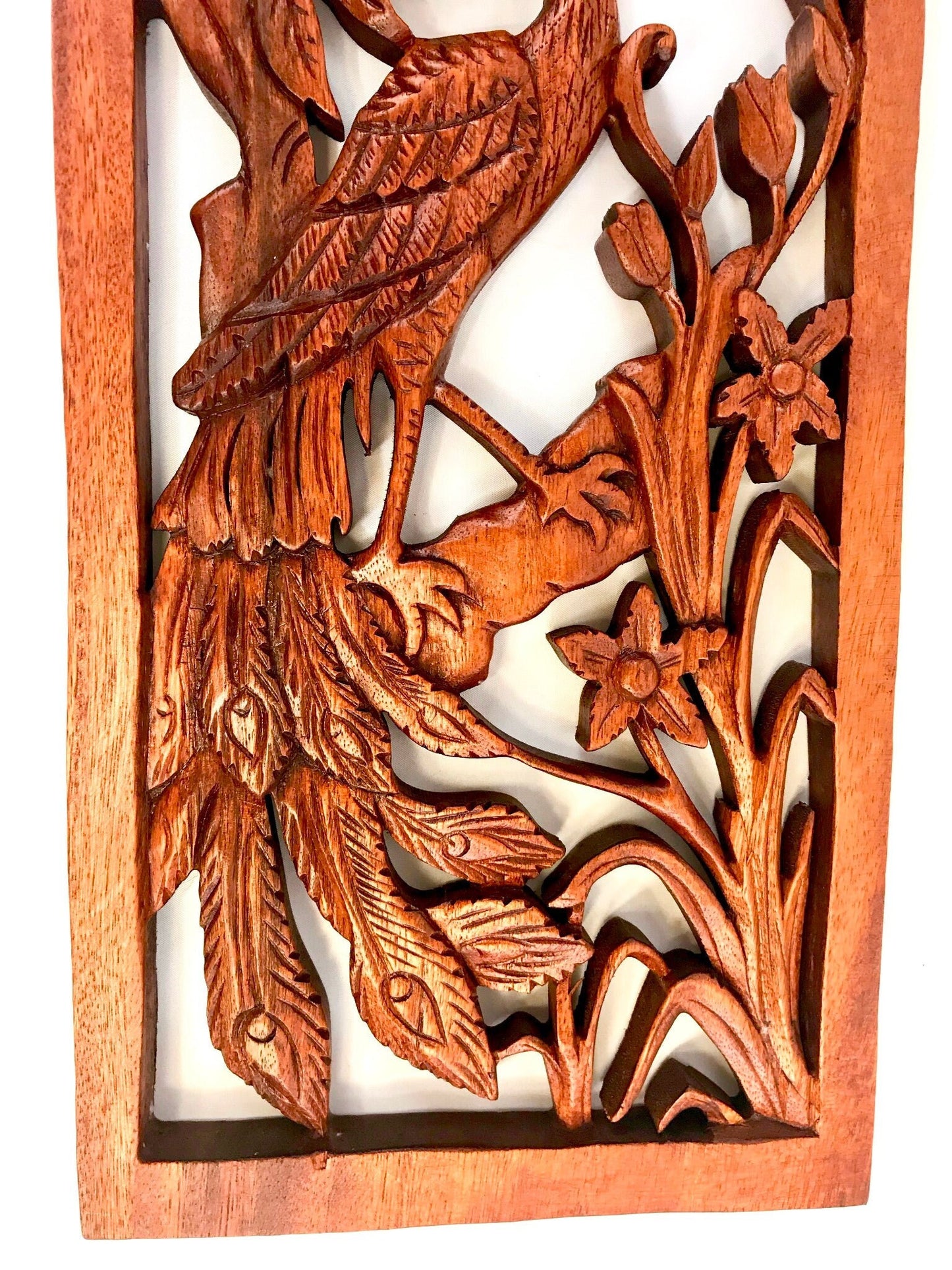 Balinese Peacock Panel Wall Art Plaque Hand Carved Wood Asian Decor - Acadia World Traders