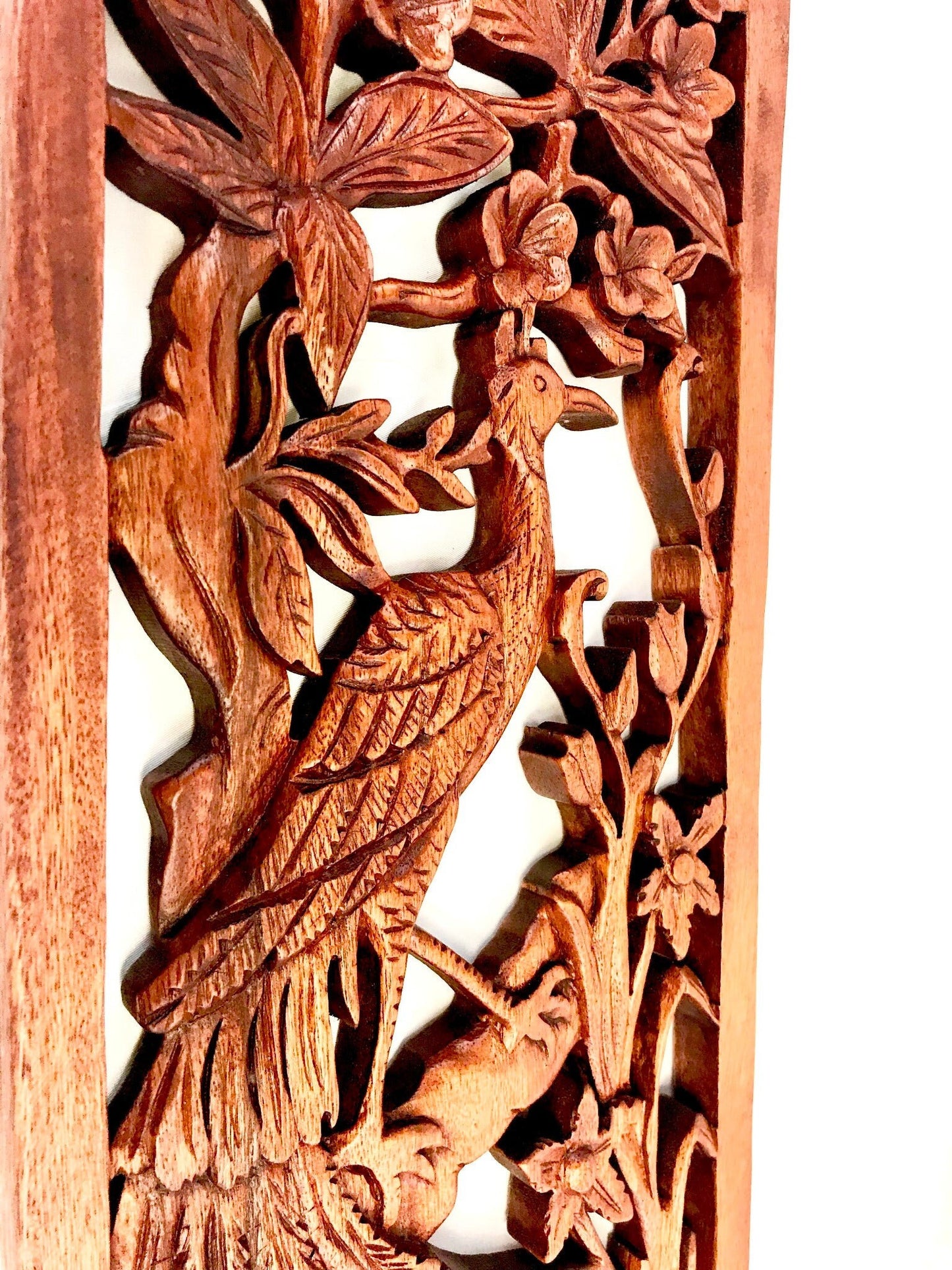 Balinese Peacock Panel Wall Art Plaque Hand Carved Wood Asian Decor - Acadia World Traders