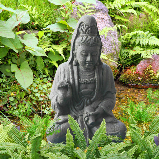 Guanyin Kwan Yin Bodhisattva Garden Statue Hand Cast lava stone Bali Art 16”