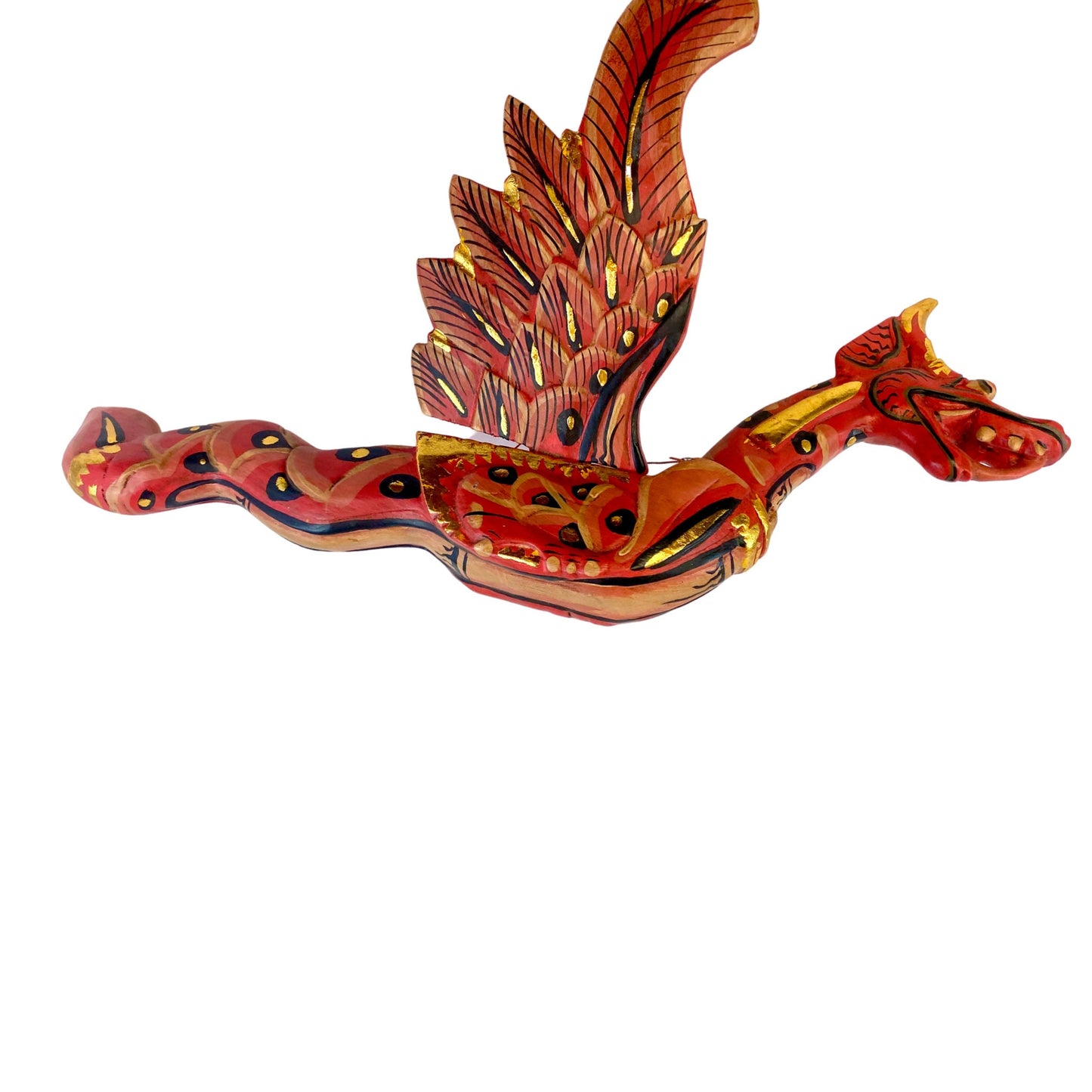 Flying Naga Winged Dragon Hanging Mobile Spiritchaser Cradle Guardian Hand Carved wood Carving Balinese Folk Art 16" Red