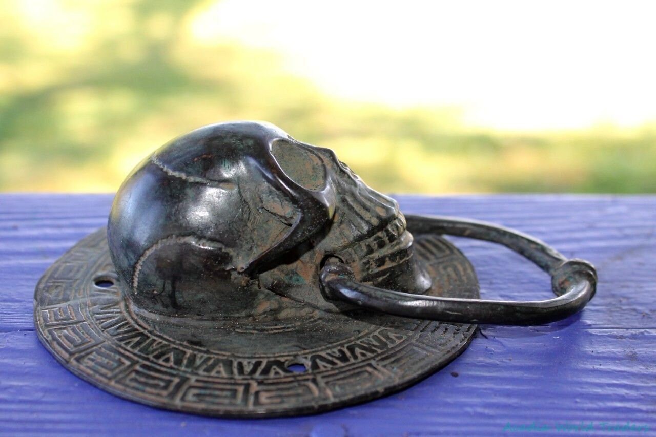 Vintage Gothic Skull Door Knocker Handle Verdigris Cast Bronze Balinese Art - Acadia World Traders