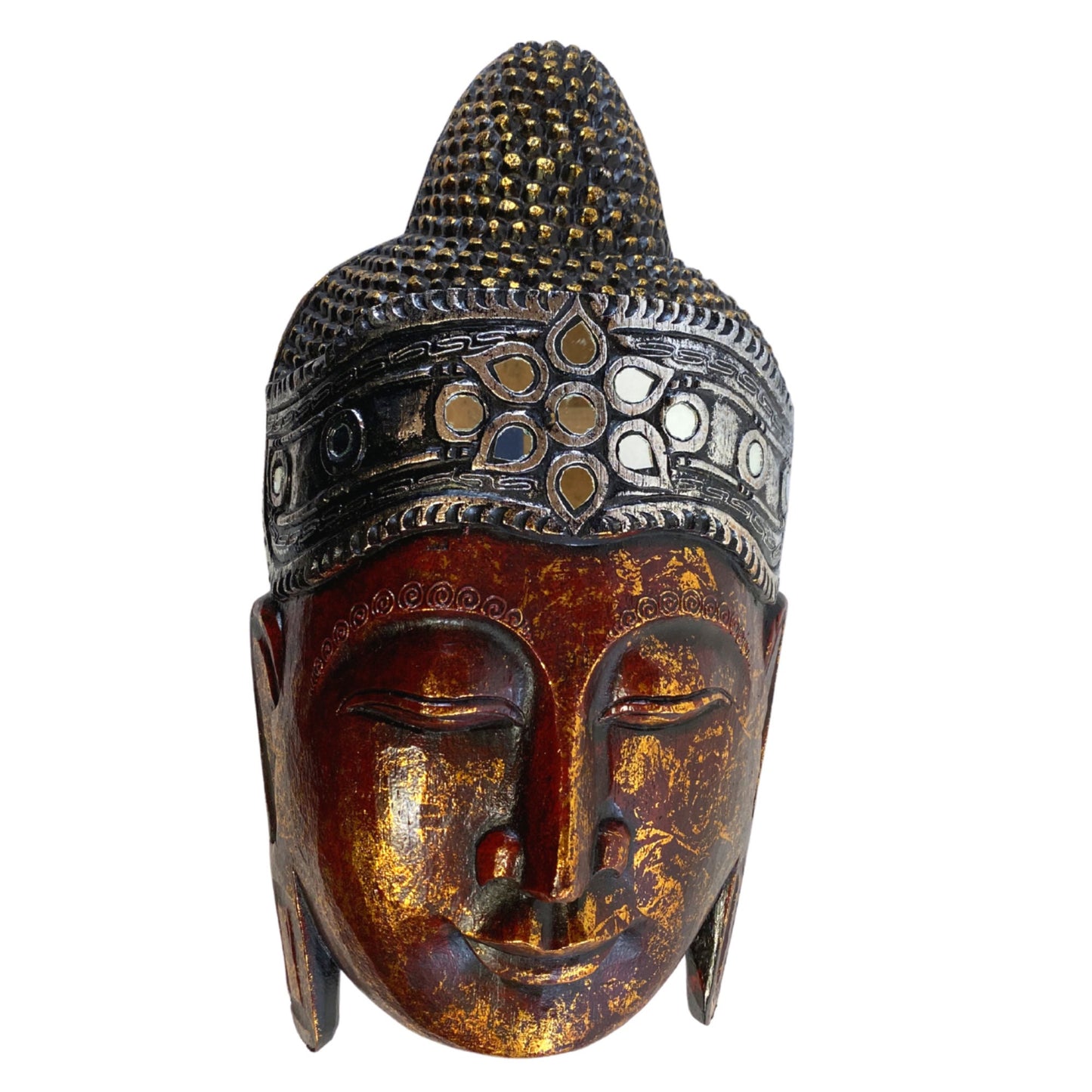 Sublime Buddha Mask Wooden Hand Carved Wall Sculpture Wood Carving Balinese Folk art Handmade Red Asian Boho Eclectic Decor - Acadia World Traders