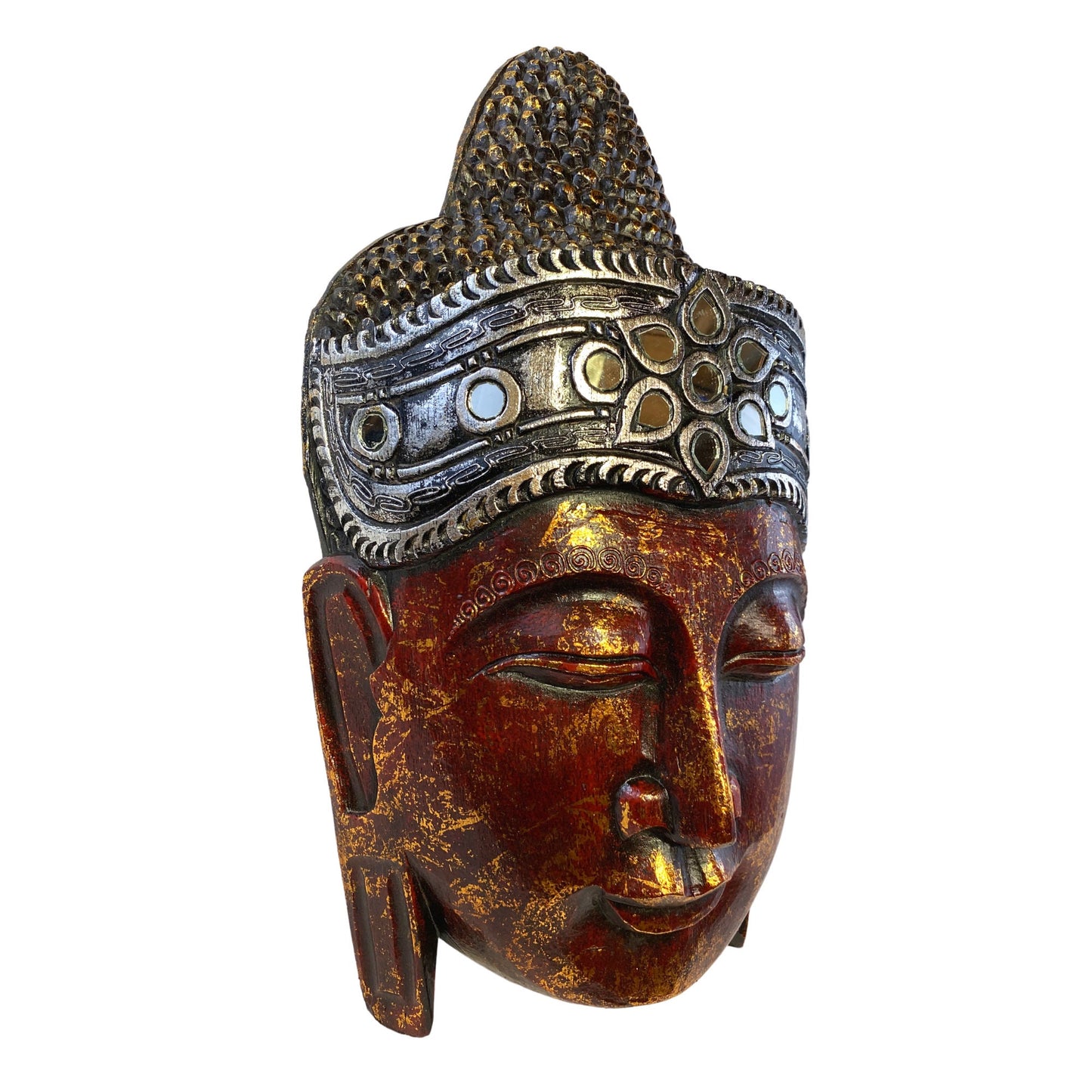 Sublime Buddha Mask Wooden Hand Carved Wall Sculpture Wood Carving Balinese Folk art Handmade Red Asian Boho Eclectic Decor - Acadia World Traders