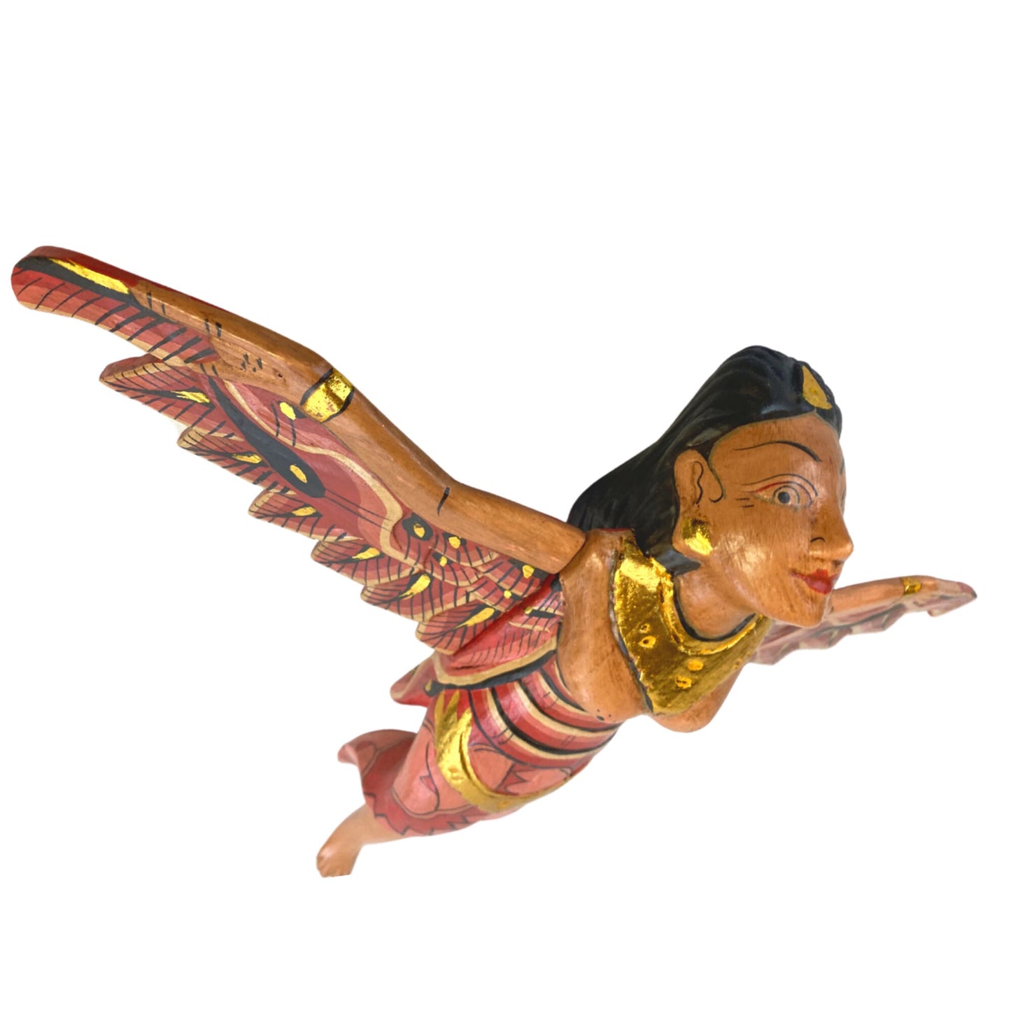 Flying Dewi Sri Goddess Demon Chaser Mobile Winged Carved Wood Bali art red 12"
