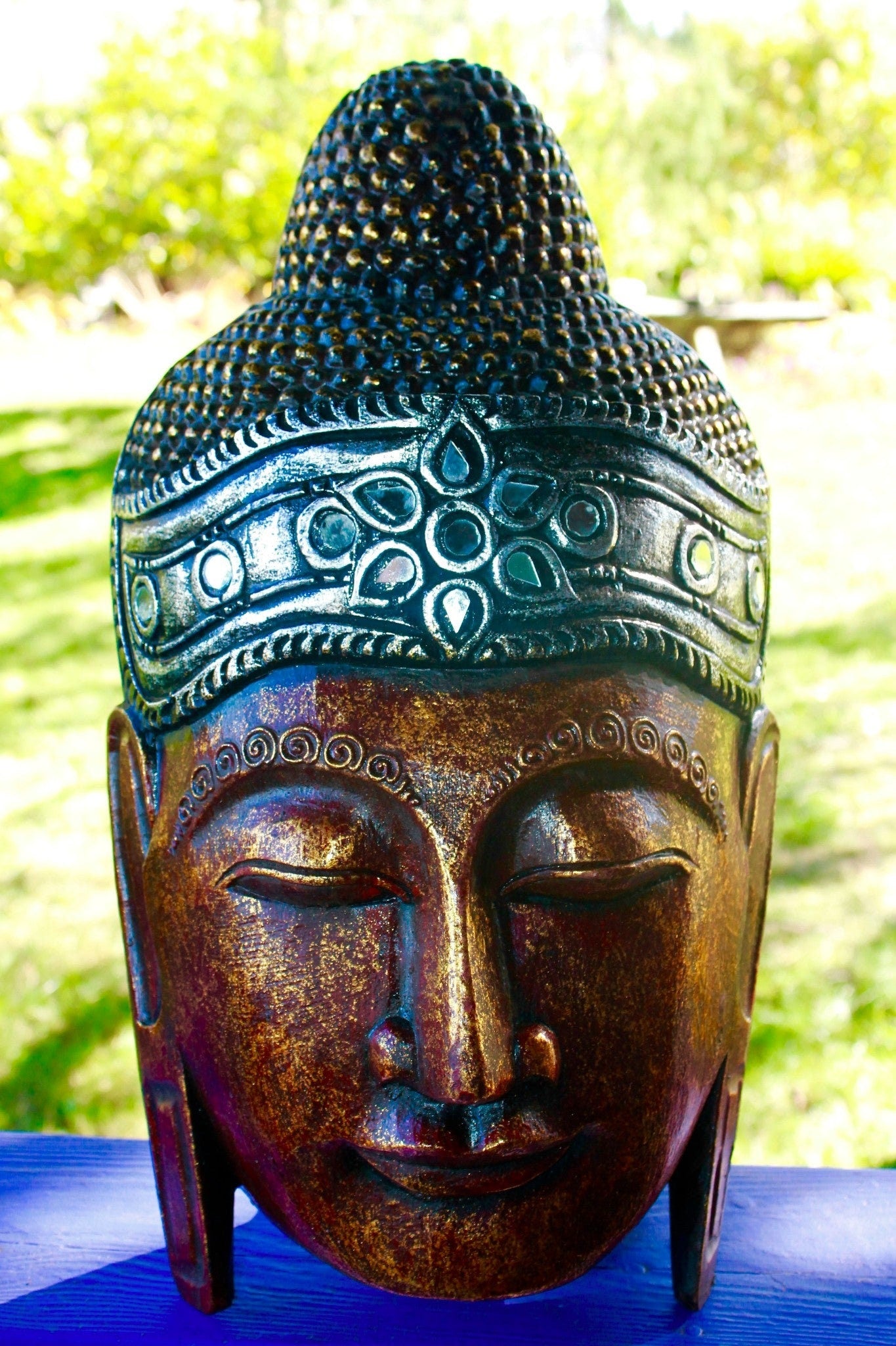 Sublime Buddha Mask Wooden Hand Carved Wall Sculpture Wood Carving Balinese Folk art Handmade Red Asian Boho Eclectic Decor - Acadia World Traders
