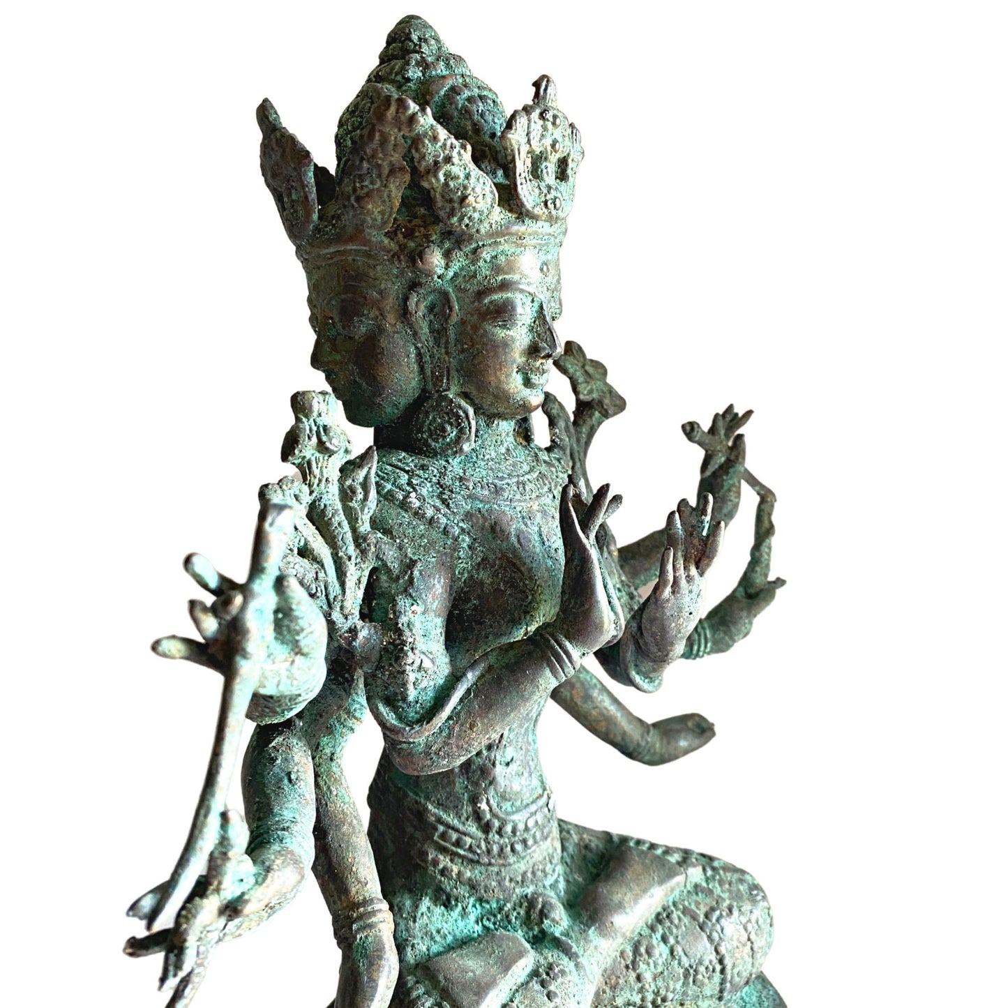 Trimurti Bronze Statue: Balinese Hindu Trinity Sculpture, Lost Wax Cast Metal with Verdigris Patina