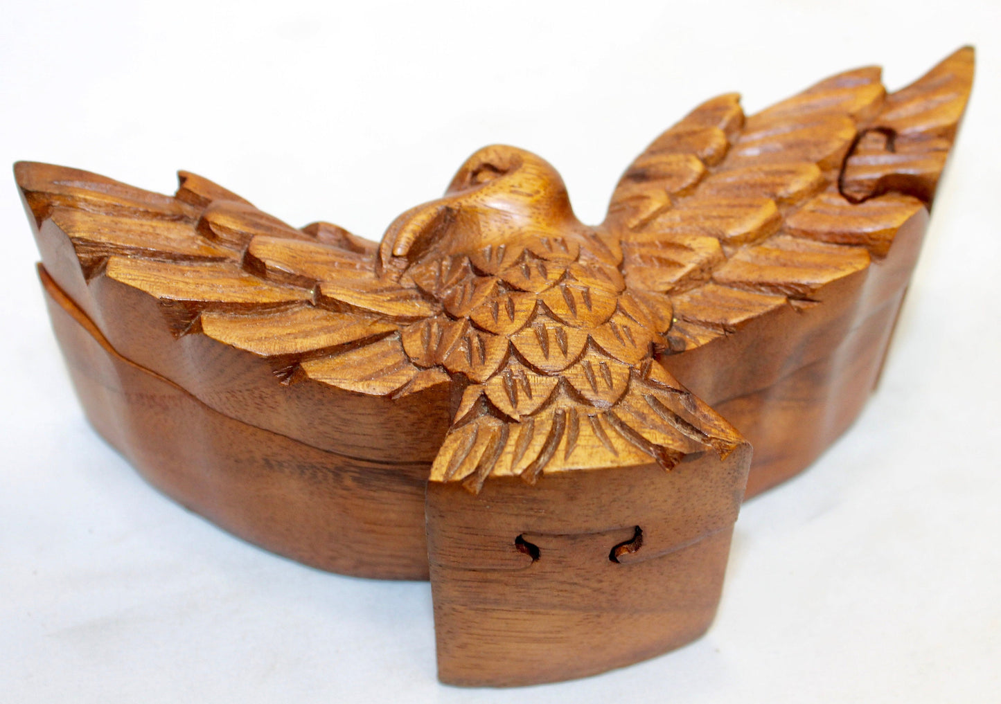 Hand Carved Wood Soaring Eagle Puzzle Box: Secret Stash Box Carving