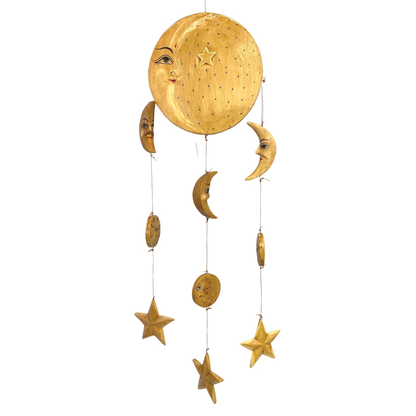 Sun Moon Stars Hanging Mobile Hand Carved Painted Wood Carving Balinese Sunburst Celestial Bodies Bali Folk Art Man in the Moon beige - Acadia World Traders
