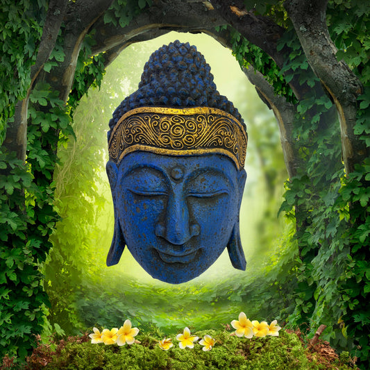 Wooden Blue Buddha Mask Hand Carved Wood Carving Balinese Eclectic Wall decor Folk art Handmade 16"