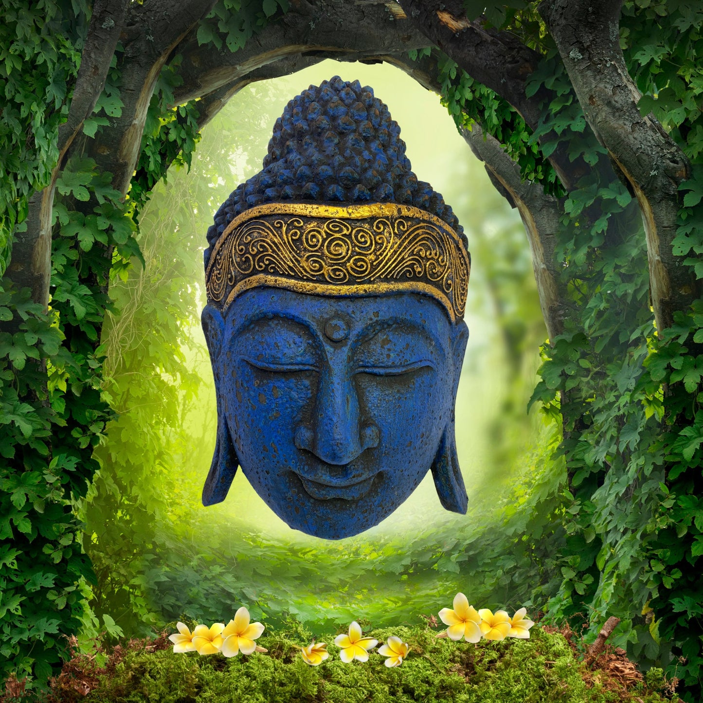 Hand Carved Blue Buddha Mask: Balinese Wood Carving Wall Art Decor (16")