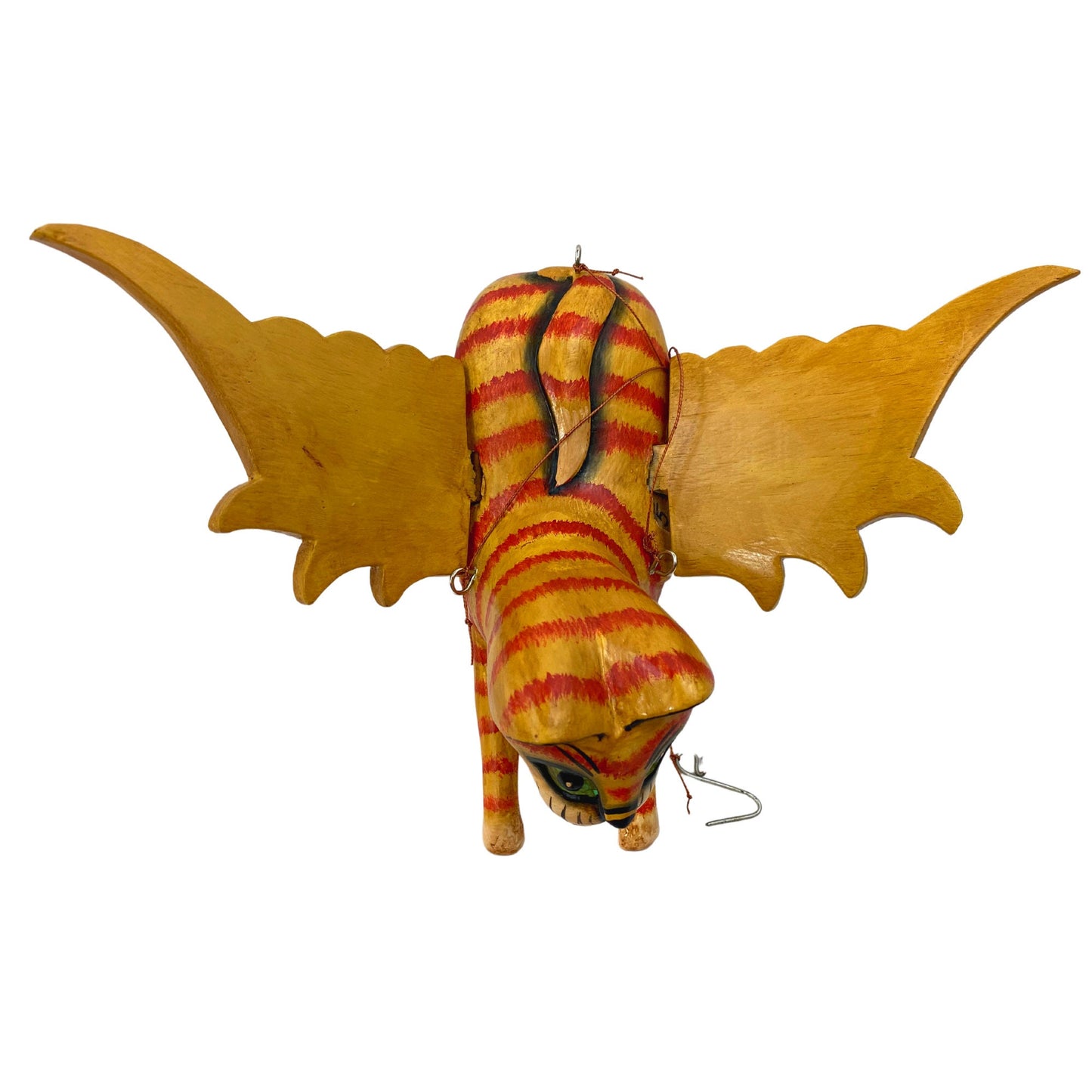 Winged Cat Orange Tiger Striped Ginger kitty MOBILE Spiritchaser cradle guardian demon chaser hand carved wood carving Balinse Folk Art