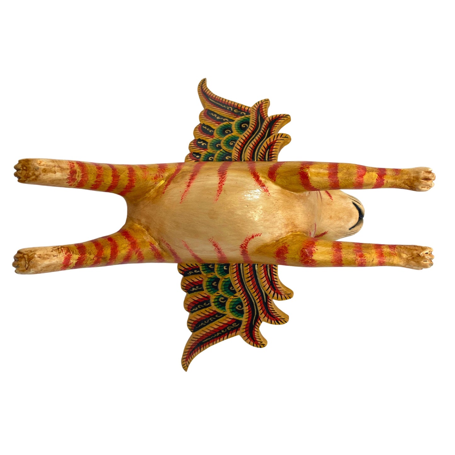 Winged Cat Orange Tiger Striped Ginger kitty MOBILE Spiritchaser cradle guardian demon chaser hand carved wood carving Balinse Folk Art