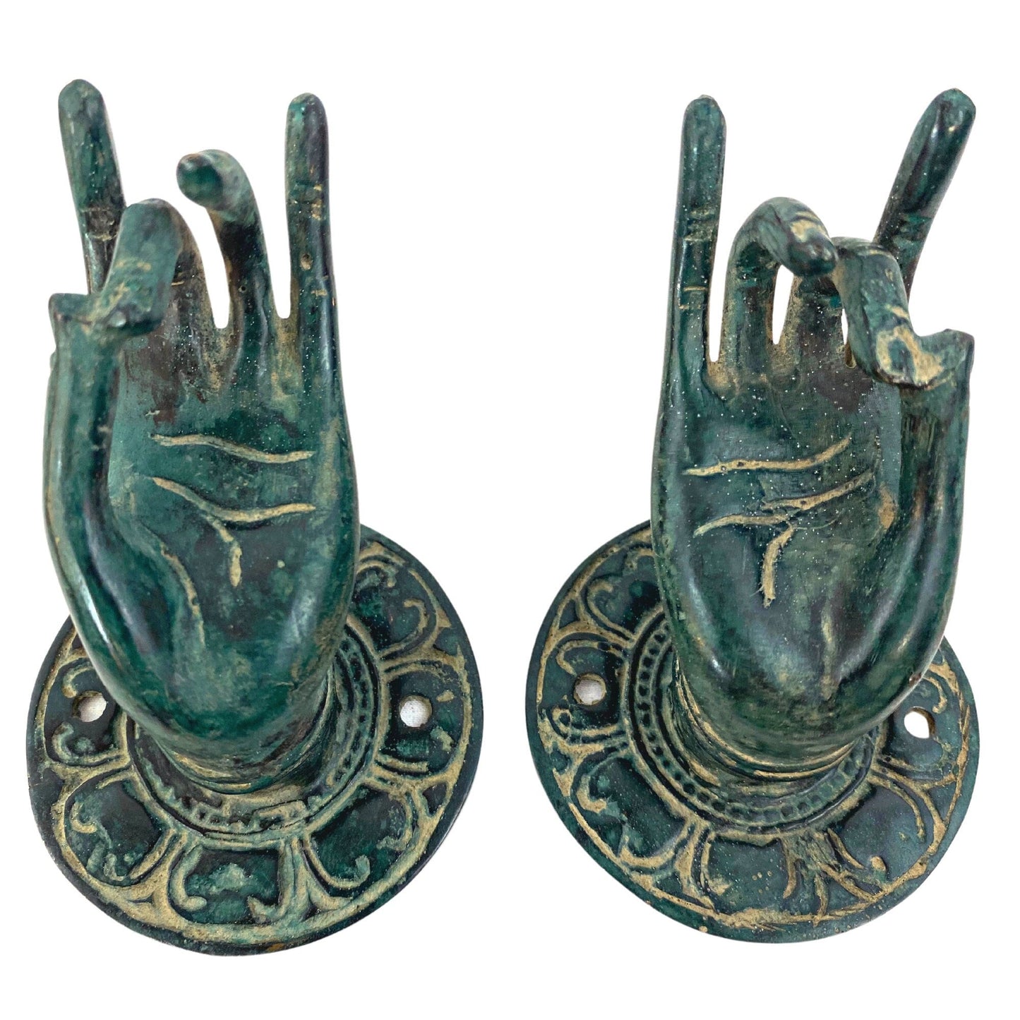 Buddha Blessing Mudra Hands Door Handle Knob Cabinet Pull wall hook Lost wax cast Verdigris Solid Bronze Bali Art Set 2 - Acadia World Traders