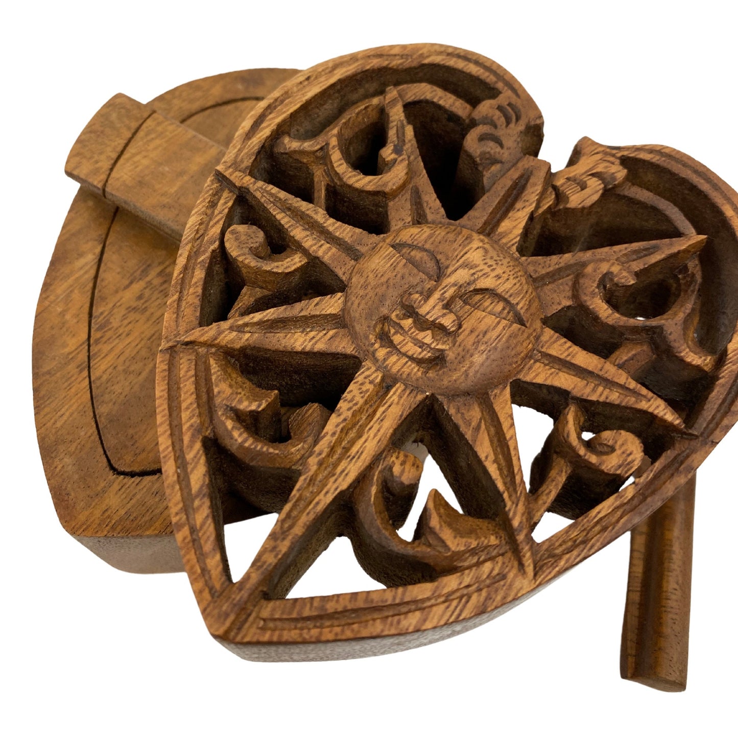Celestial Sun Sunheart Sunburst Heart Smiling Sun Secret puzzle Box Stash Jewelry gift Box Trinket Box Hand carved suar wood Bali Art