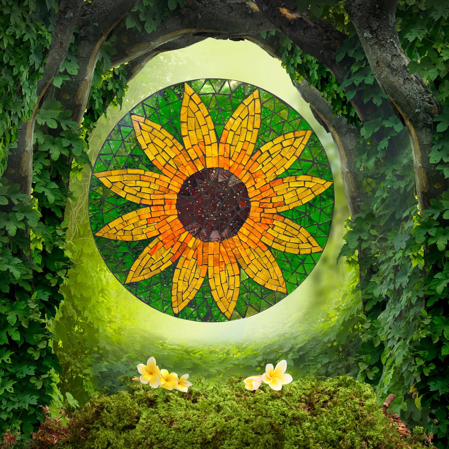 Yellow Sunflower Mosaic Wall Art Plaque Panel Hand Painted Glass Bali Handicraft Boho Decor - Acadia World Traders