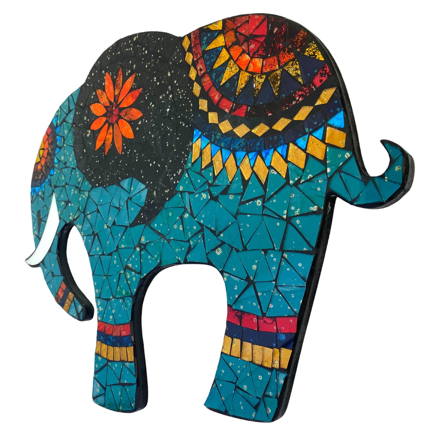 Asian Elephant Mosaic Wall Art Plaque Panel Hand Painted Glass Bali Handicraft Boho Decor