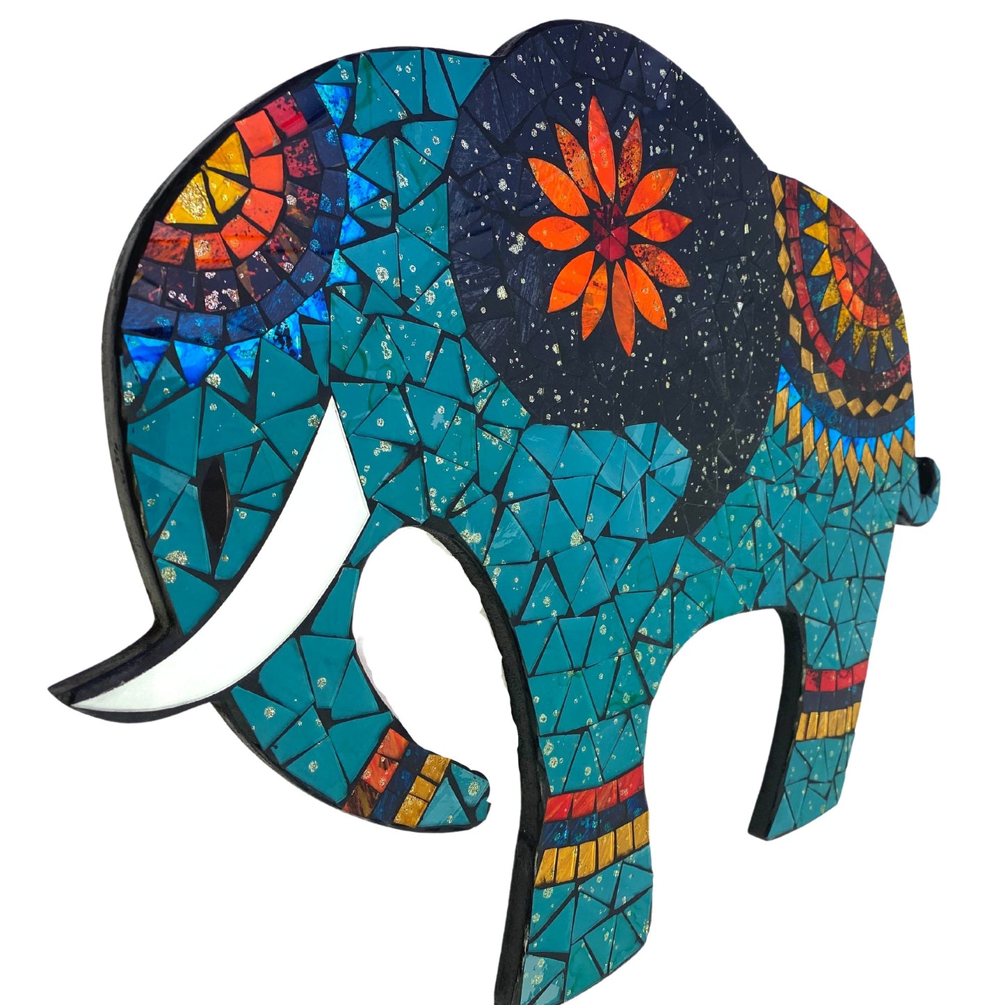 Asian Elephant Mosaic Wall Art Plaque Panel Hand Painted Glass Bali Handicraft Boho Decor