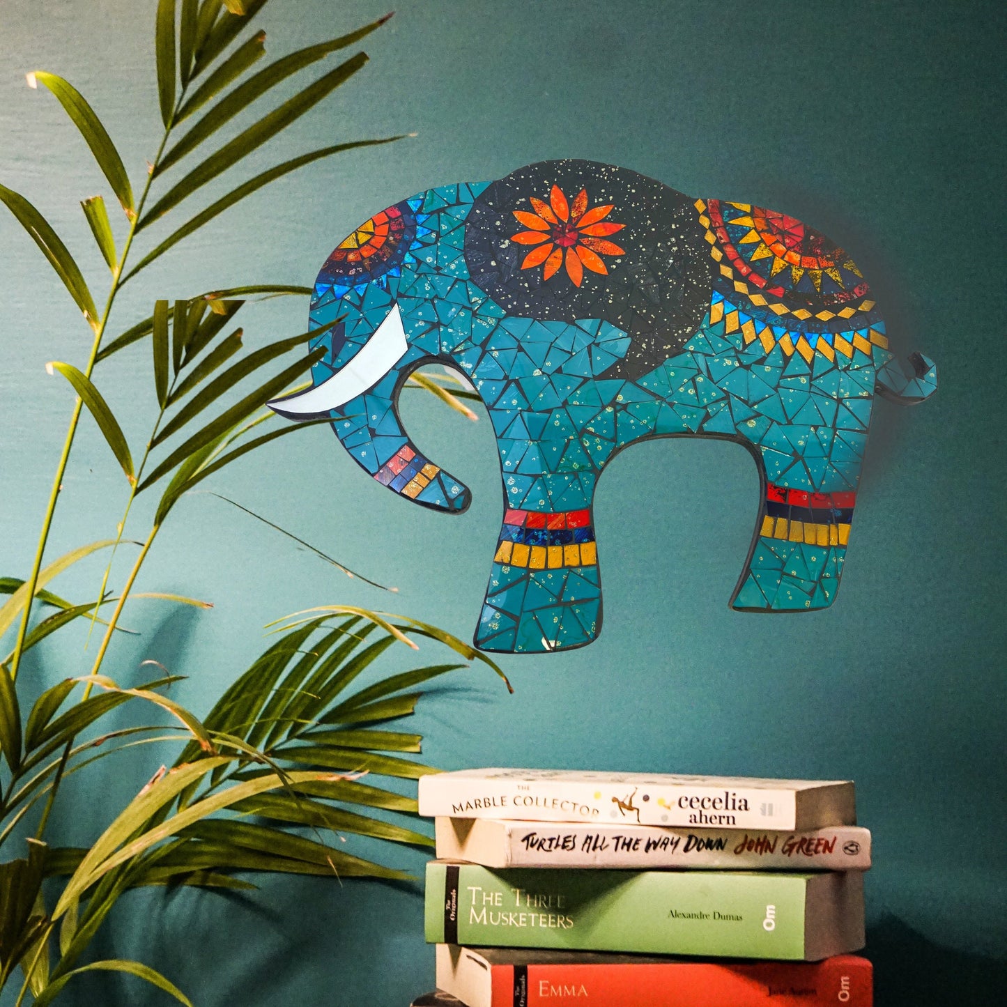 Asian Elephant Mosaic Wall Art Plaque Panel Hand Painted Glass Bali Handicraft Boho Decor