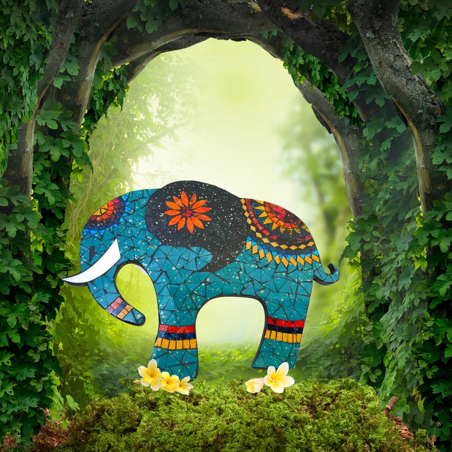 Asian Elephant Mosaic Wall Art Plaque Panel Hand Painted Glass Bali Handicraft Boho Decor