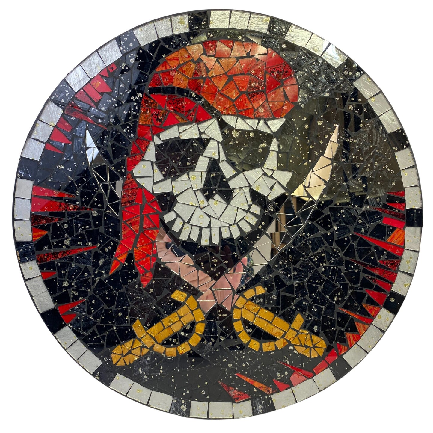 Pirate Wall Hanging Jolly Roger Skull and Crossbones Nautical Mosaic Wall Art Plaque Panel Hand Painted Glass Bali Handicraft Man Cave Decor