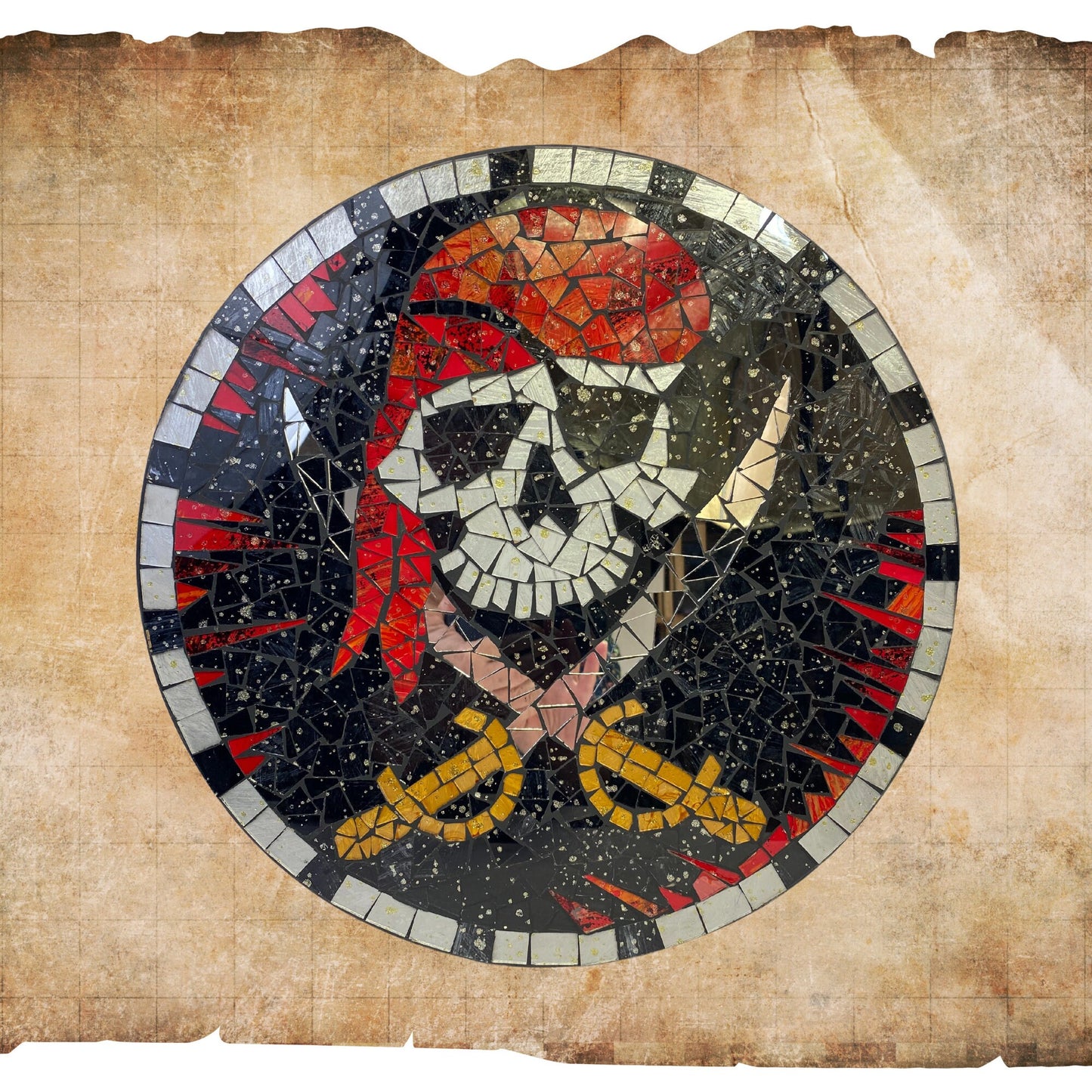 Pirate Wall Hanging Jolly Roger Skull and Crossbones Nautical Mosaic Wall Art Plaque Panel Hand Painted Glass Bali Handicraft Man Cave Decor