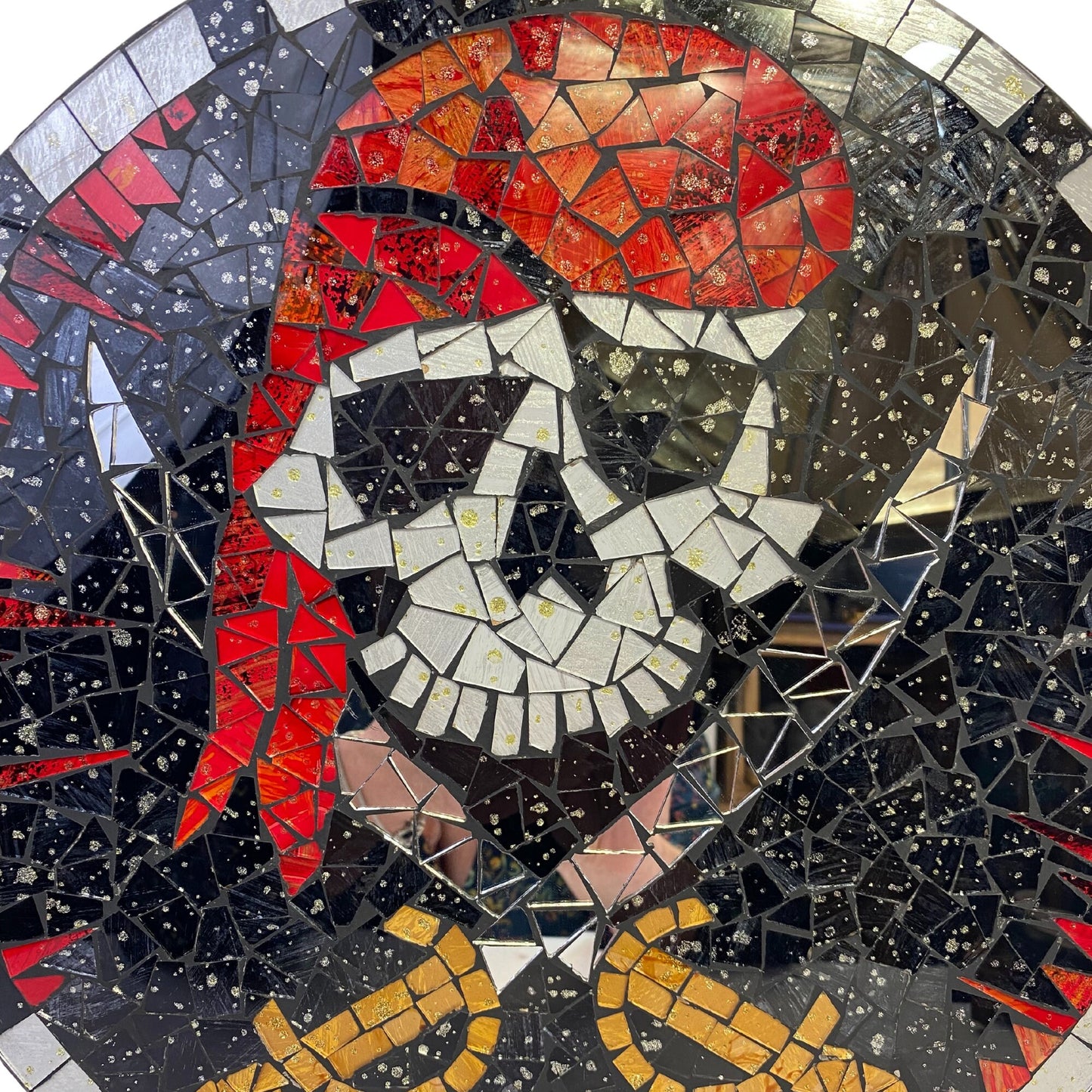 Pirate Wall Hanging Jolly Roger Skull and Crossbones Nautical Mosaic Wall Art Plaque Panel Hand Painted Glass Bali Handicraft Man Cave Decor