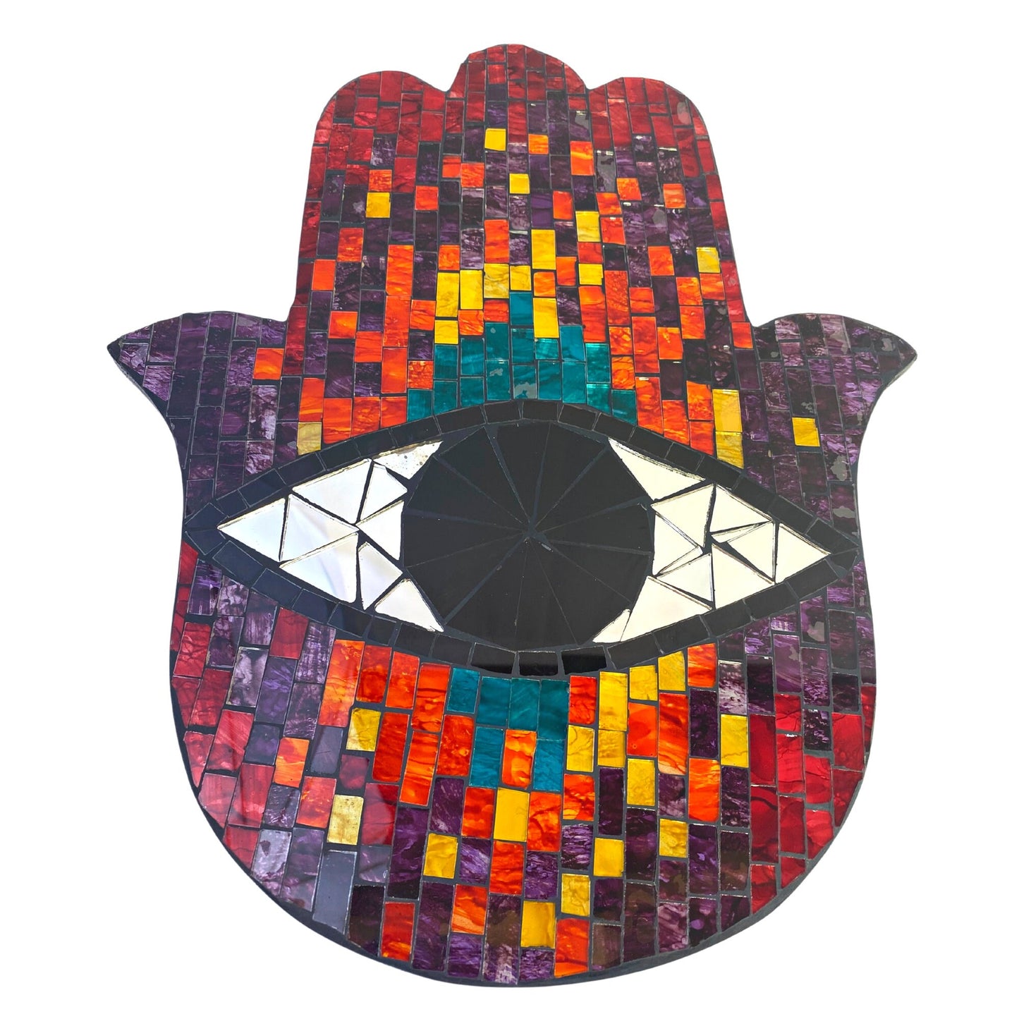Hamsa Hand of Fatima Evil Eye Mosaic Wall Art Plaque Panel Hand Painted Glass Bali Handicraft Boho Decor