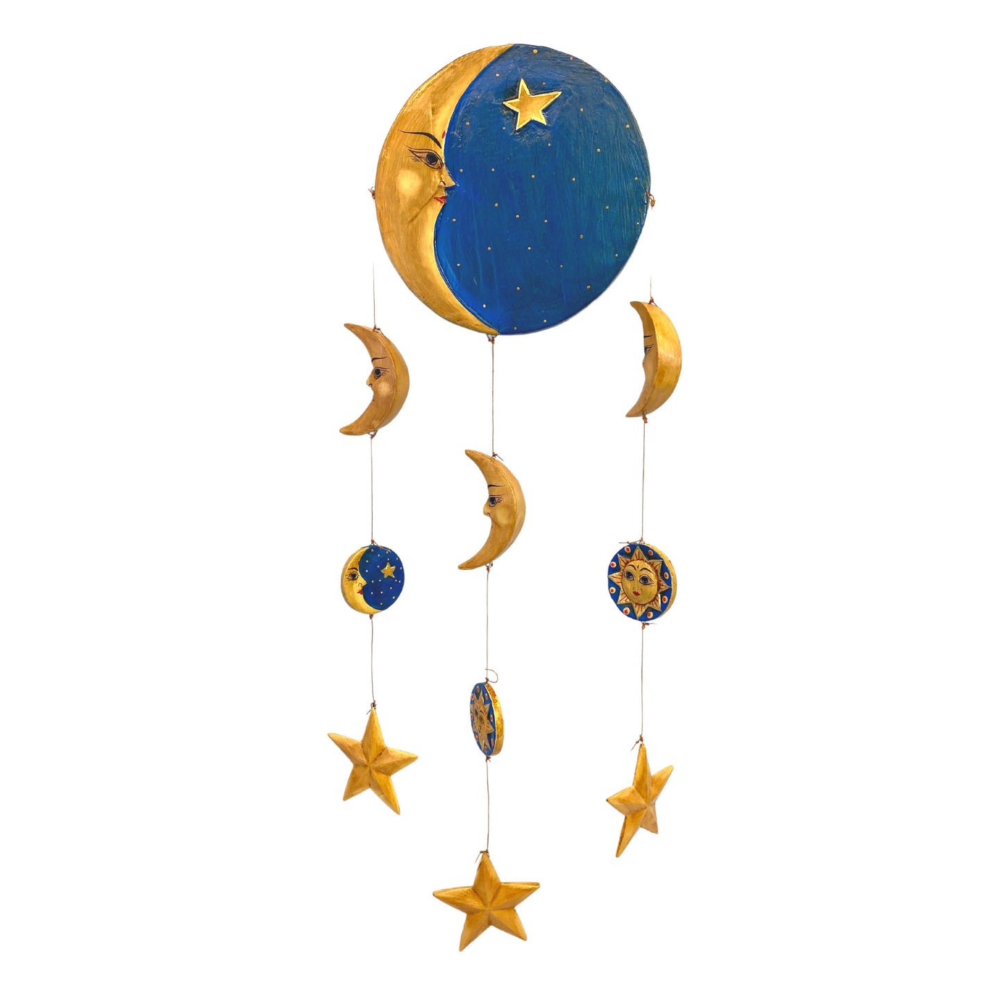 Sun Moon Stars Hanging Mobile Vintage Design Hand Carved Painted Wood Balinese Celestial Bodies Bali Folk Art Man in the Moon Blue - Acadia World Traders