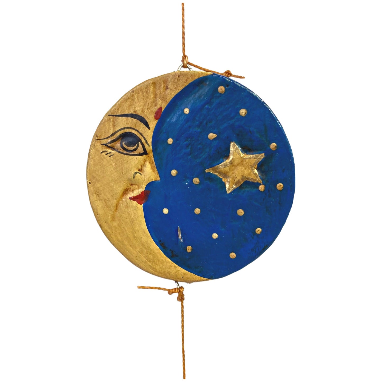 Sun Moon Stars Hanging Mobile Vintage Design Hand Carved Painted Wood Balinese Celestial Bodies Bali Folk Art Man in the Moon Blue - Acadia World Traders