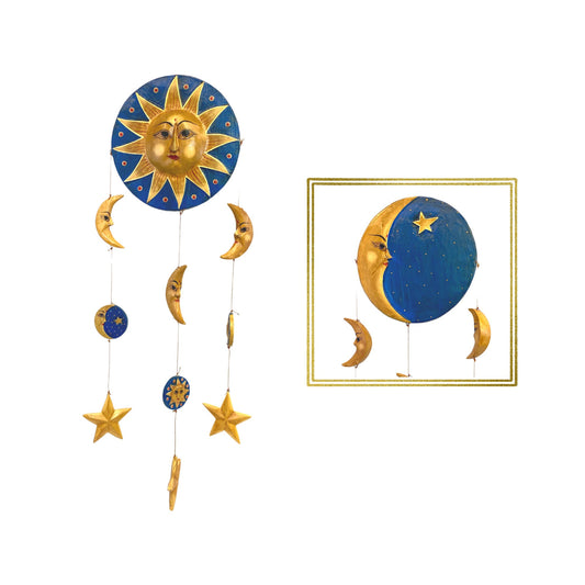 Sun Moon Stars Hanging Mobile Vintage Design Hand Carved Painted Wood Balinese Celestial Bodies Bali Folk Art Man in the Moon Blue - Acadia World Traders