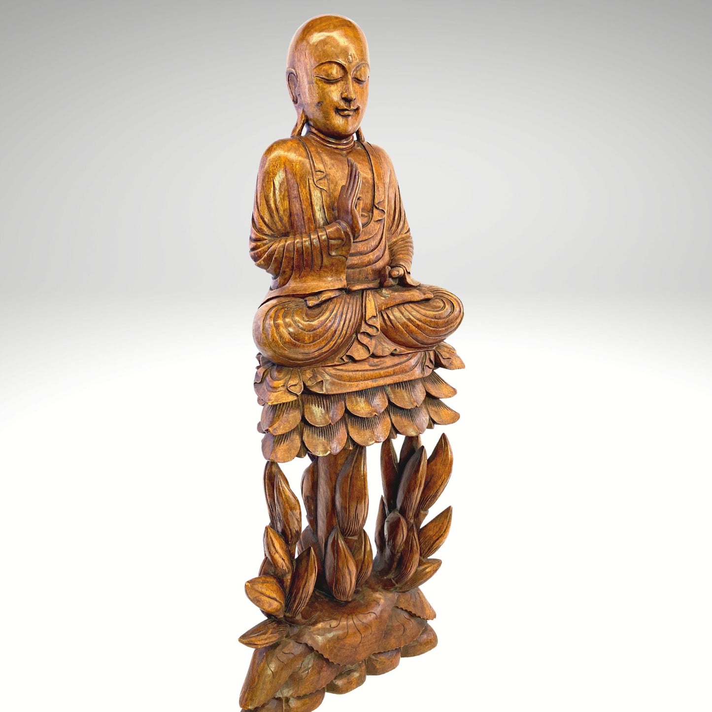 Teaching Buddha Statue Seated Upon Lotus Throne Vitarka Mudra Pose Balinese Art Hand Carved Wood carving Handcrafted Eclectic Bali 32" - Acadia World Traders