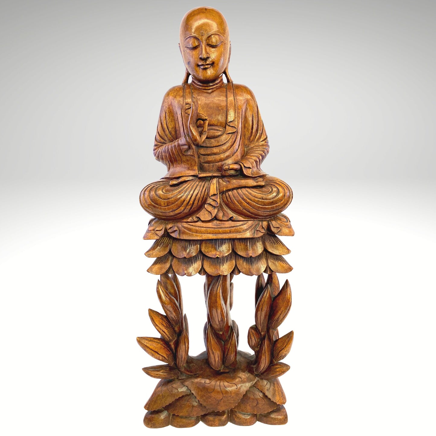 Teaching Buddha Statue Seated Upon Lotus Throne Vitarka Mudra Pose Balinese Art Hand Carved Wood carving Handcrafted Eclectic Bali 32" - Acadia World Traders
