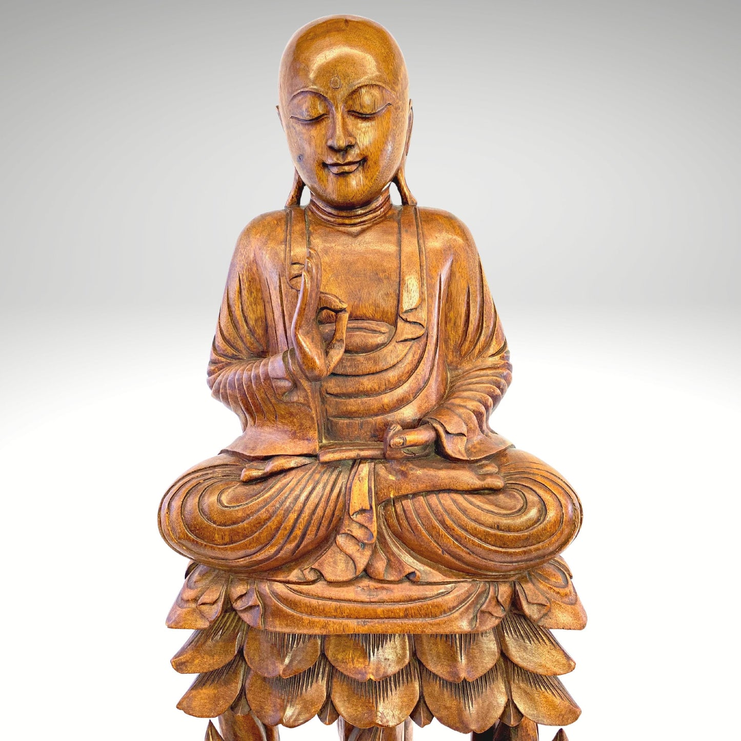 Teaching Buddha Statue Seated Upon Lotus Throne Vitarka Mudra Pose Balinese Art Hand Carved Wood carving Handcrafted Eclectic Bali 32" - Acadia World Traders