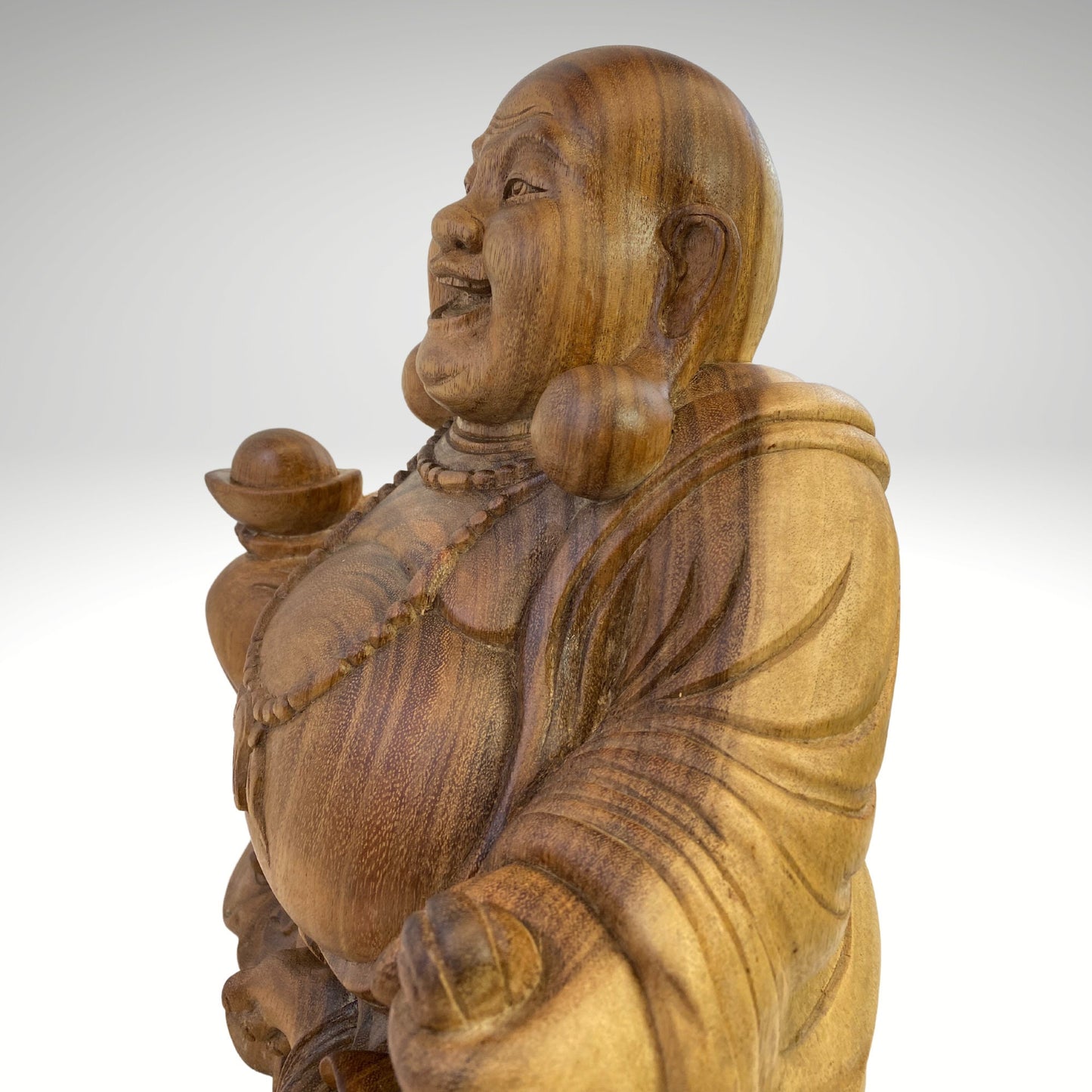 Vintage Hotei Laughing Buddha Sculpture Budai Monk Prosperity Good Luck Fortune Statue hand carved suar wood Carving Bali Art