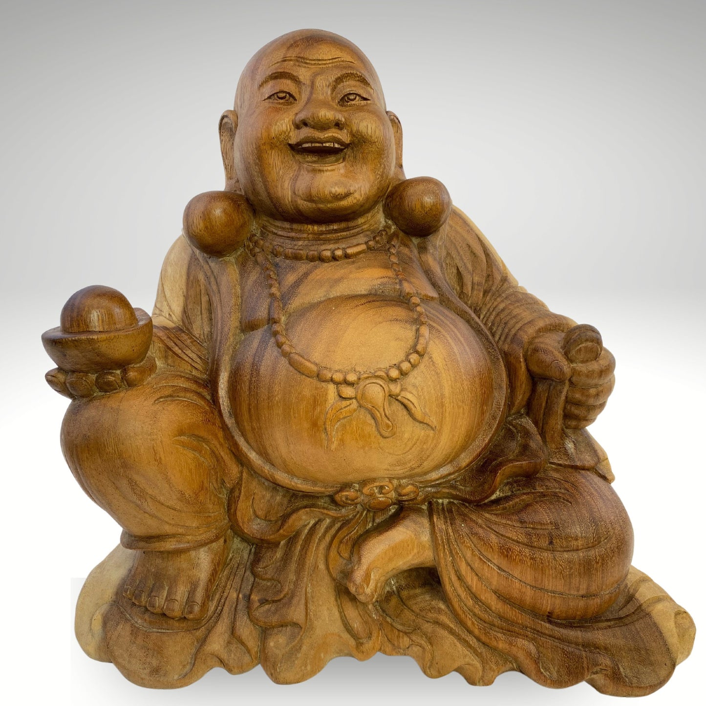 Vintage Hotei Laughing Buddha Sculpture Budai Monk Prosperity Good Luck Fortune Statue hand carved suar wood Carving Bali Art