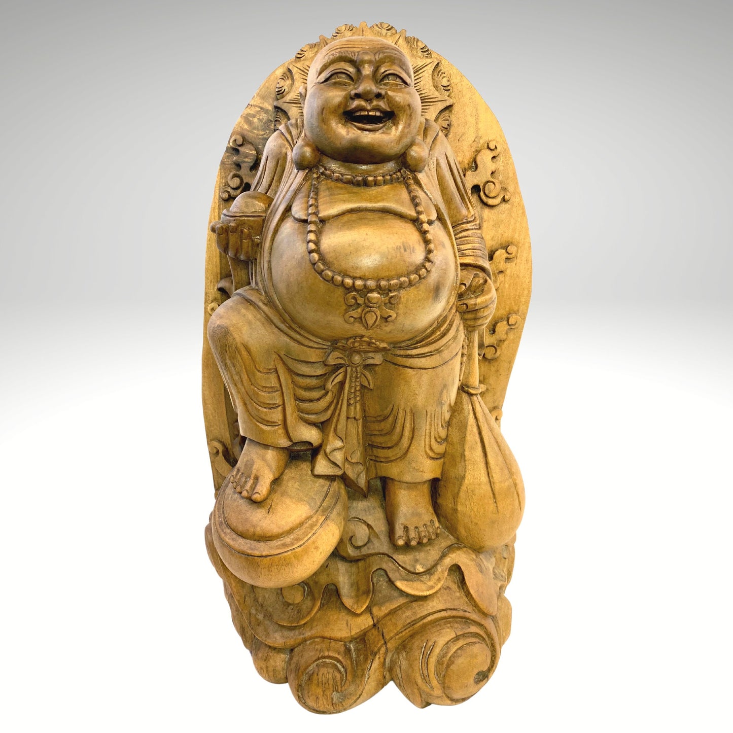 Vintage Hotei Statue Laughing Buddha Traveling Budai Monk Sculpture Prosperity Good Luck Fortune hand carved suar wood Carving Bali Art - Acadia World Traders