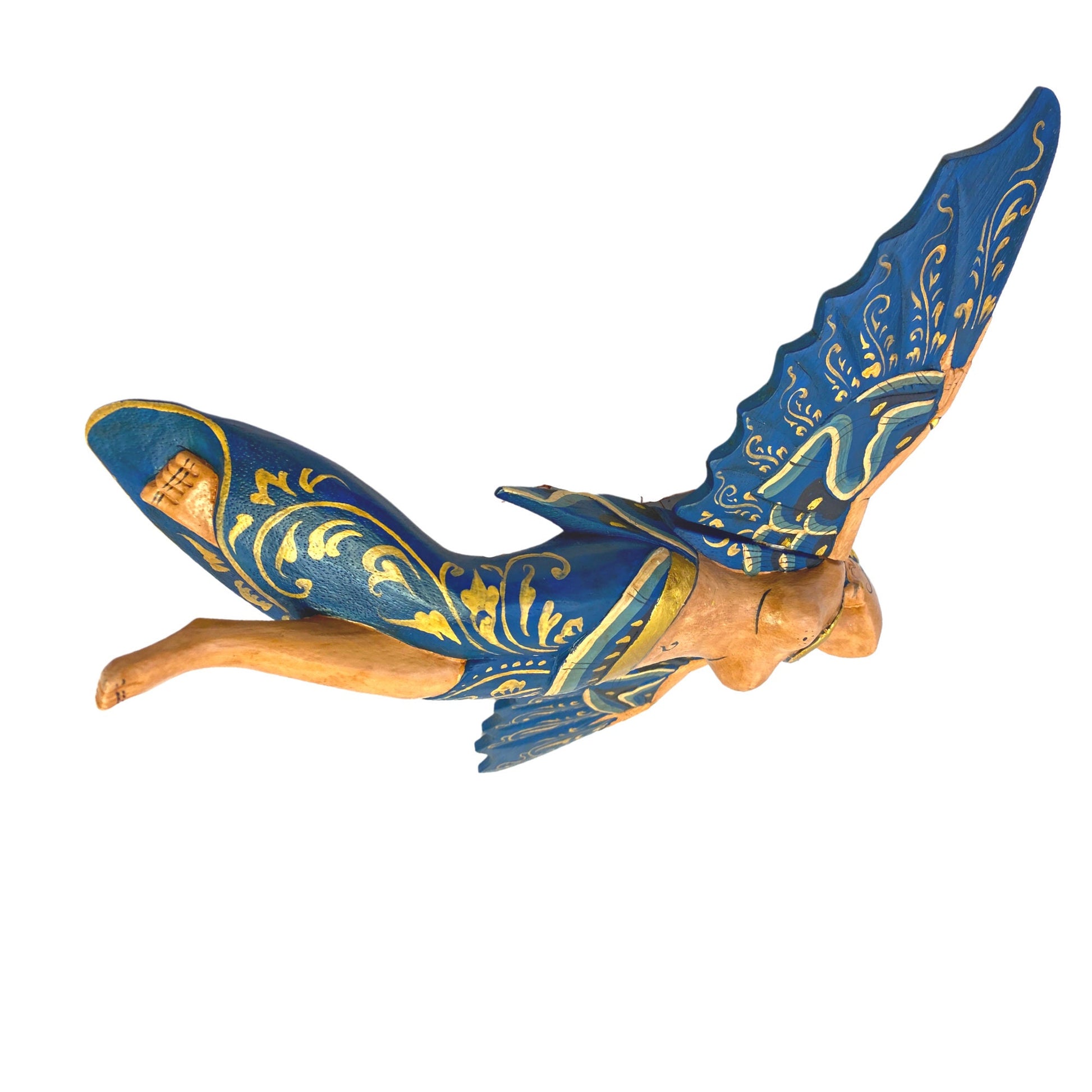 Flying Dewi Sri Fertility Goddess Mobile Crib Guardian Spiritchaser Hand Carved Wood Balinese Folk Art wood carving  Indonesian art Teal - Acadia World Traders