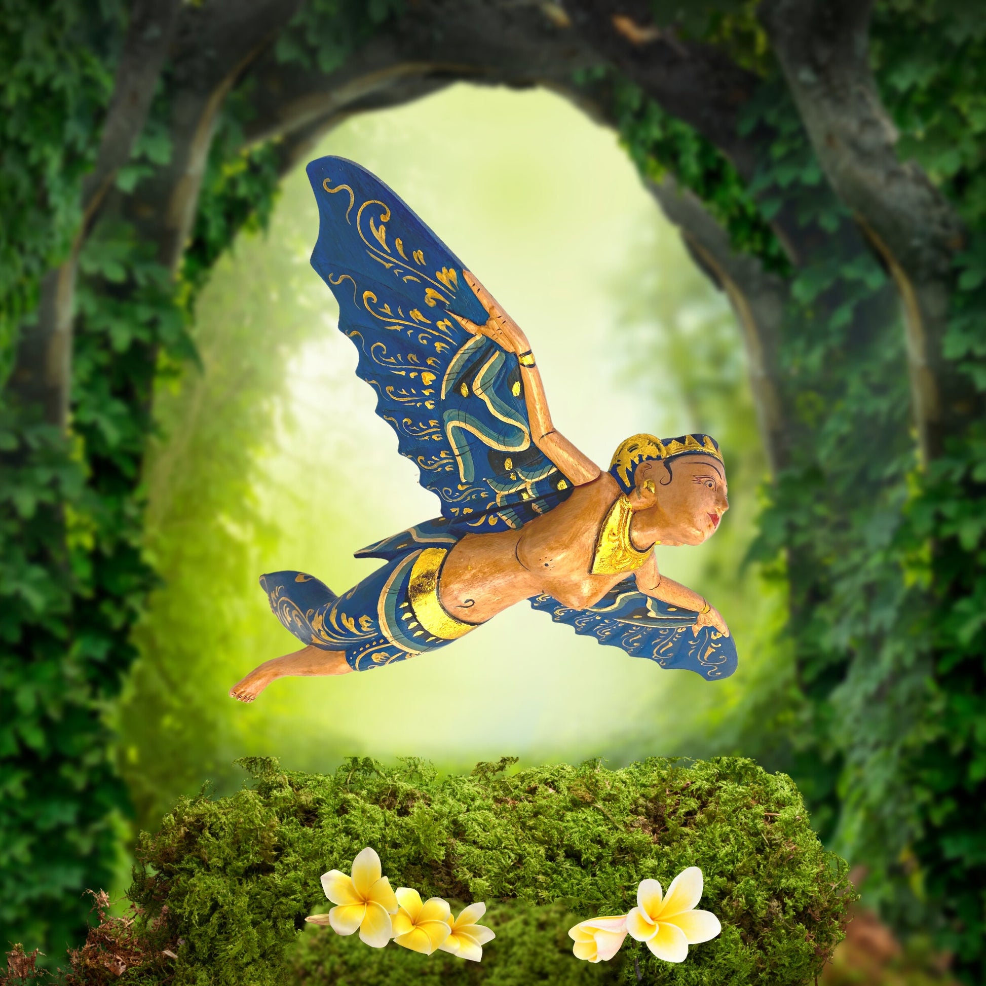 Flying Dewi Sri Fertility Goddess Mobile Crib Guardian Spiritchaser Hand Carved Wood Balinese Folk Art wood carving  Indonesian art Teal - Acadia World Traders