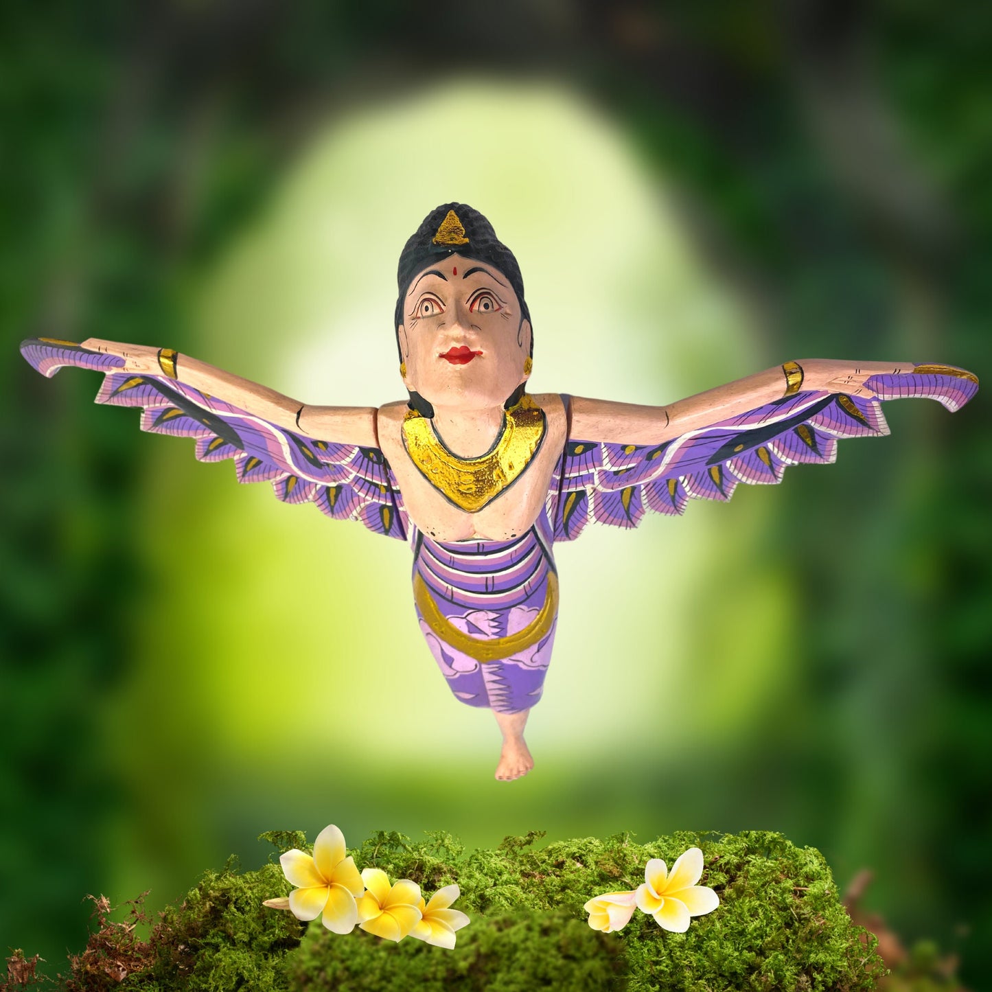 Winged Dewi Sri Fertility Goddess Hanging Mobile Crib Angel Spirit chaser Protection Hand Carved Wood Balinese Folk Art wood carving Purple - Acadia World Traders