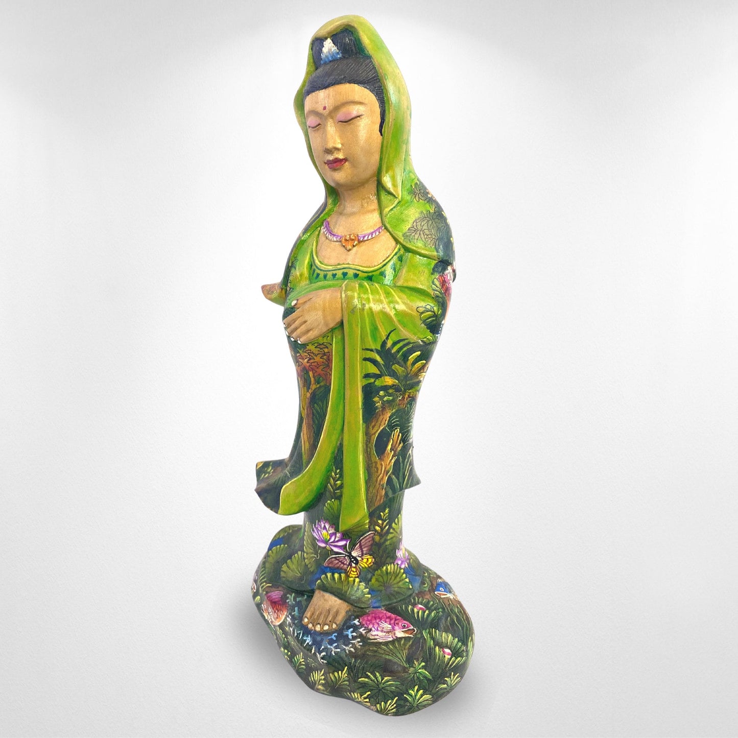 Guanyin Kwan Yin Bodhisattva Buddhist Goddess Compassion Sculpture Hand Carved Wood Carving Miniature painting Statue Bali Art - Acadia World Traders