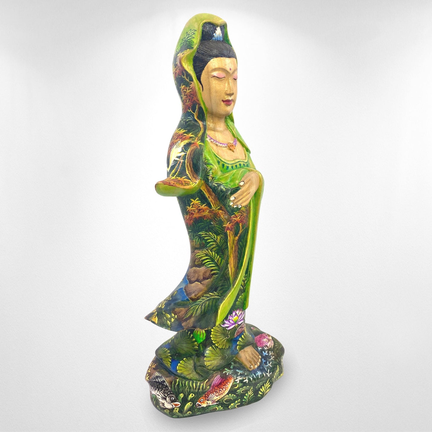 Guanyin Goddess of Compassion Sculpture: Hand Carved and Painted Wood Statue